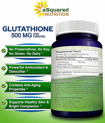 Miniatura 6 de aSquared Nutrition Suplemento reducido de glutatión de 500 mg por porción, 200 cápsulas, antioxidante de L-glutatión para apoyar la salud del hígado