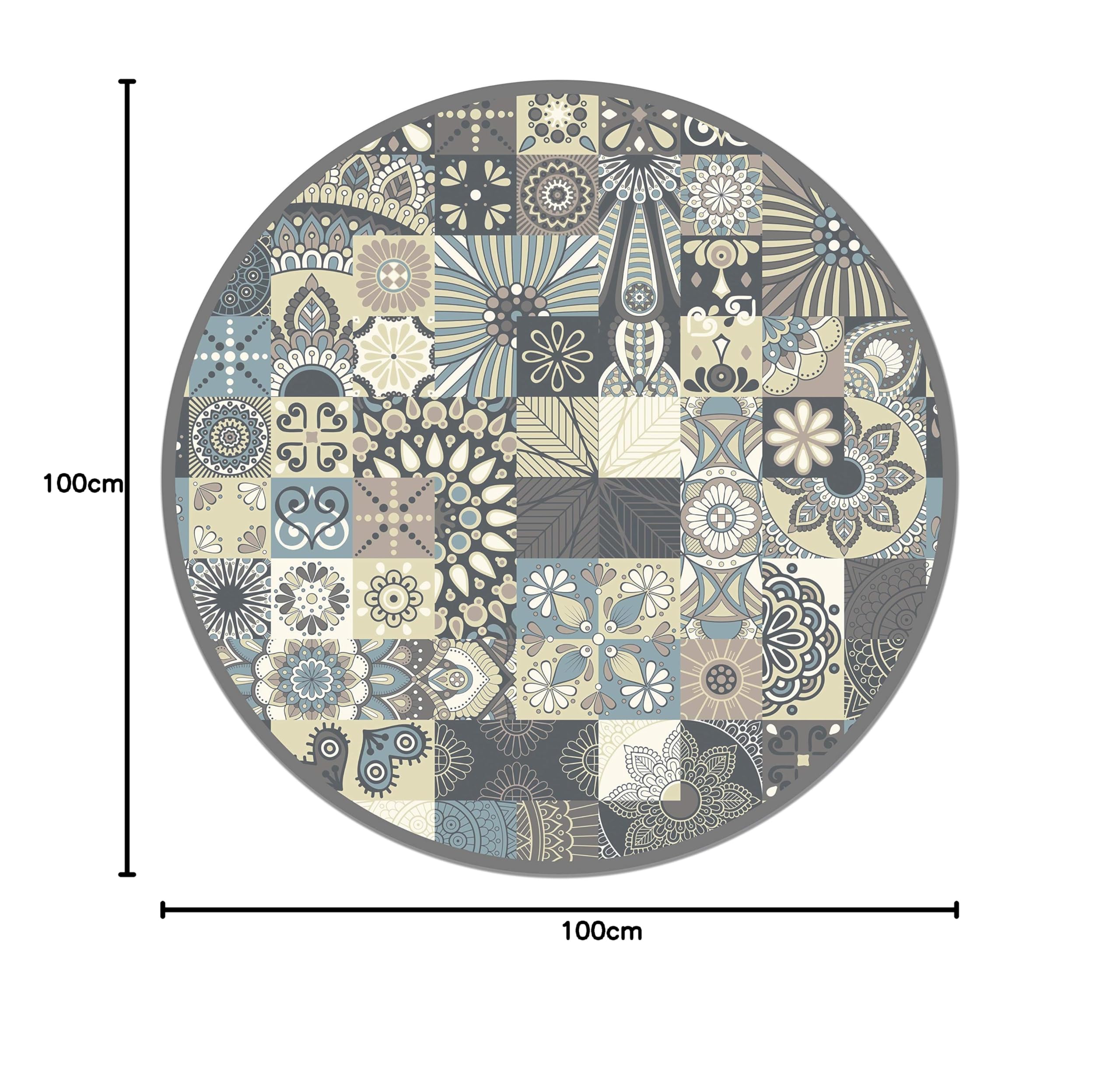 Panorama Tapis Vinyle - Modèle Carreaux Ciments Bleu Rond 100x100 cm - Différentes Tailles - Deco Maison, Cuisine, Chambre et Exterieur