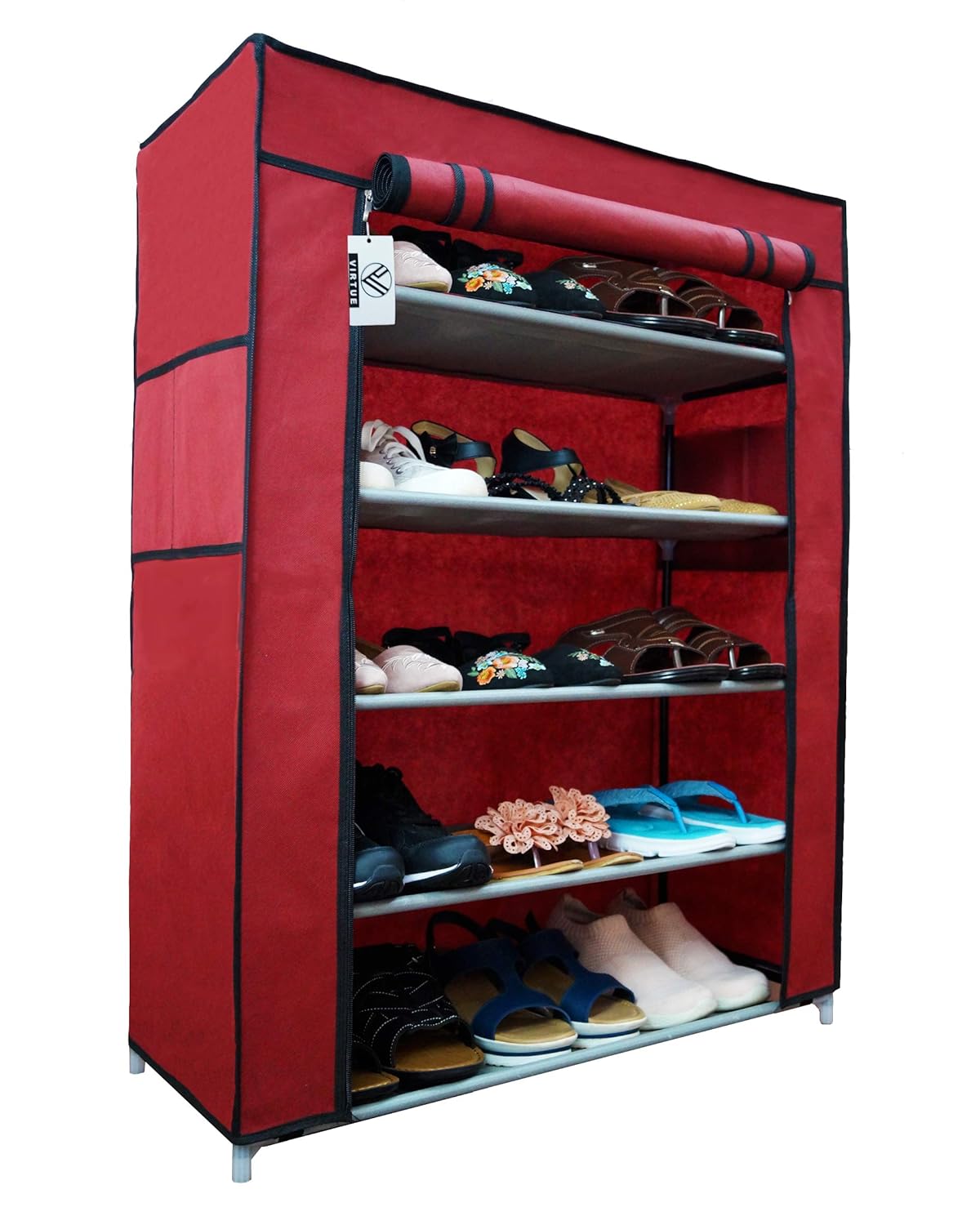 Virtue Shoe Rack Stand Foldable with Cover 5 Shelves for Home, Metal