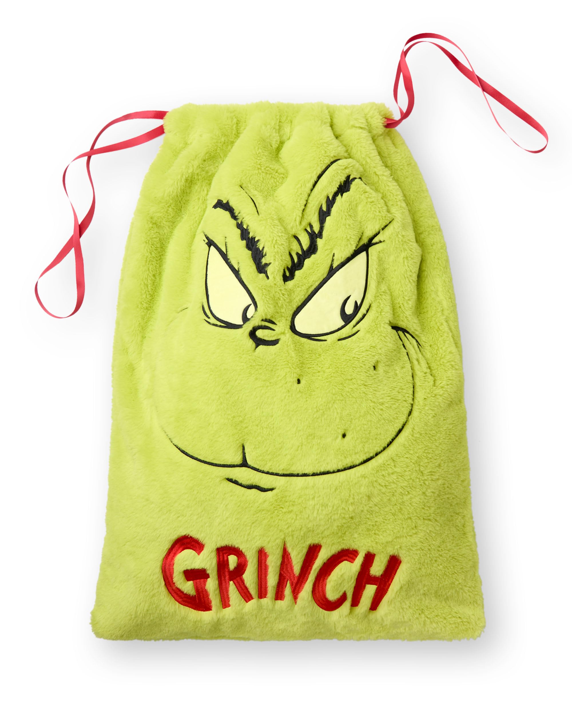 The Grinch Present Sack | Soft Fur Embroidered Multipurpose Christmas Theme Pouch | Green Festive Whoville Animated Character Drawstring Gift Bag |