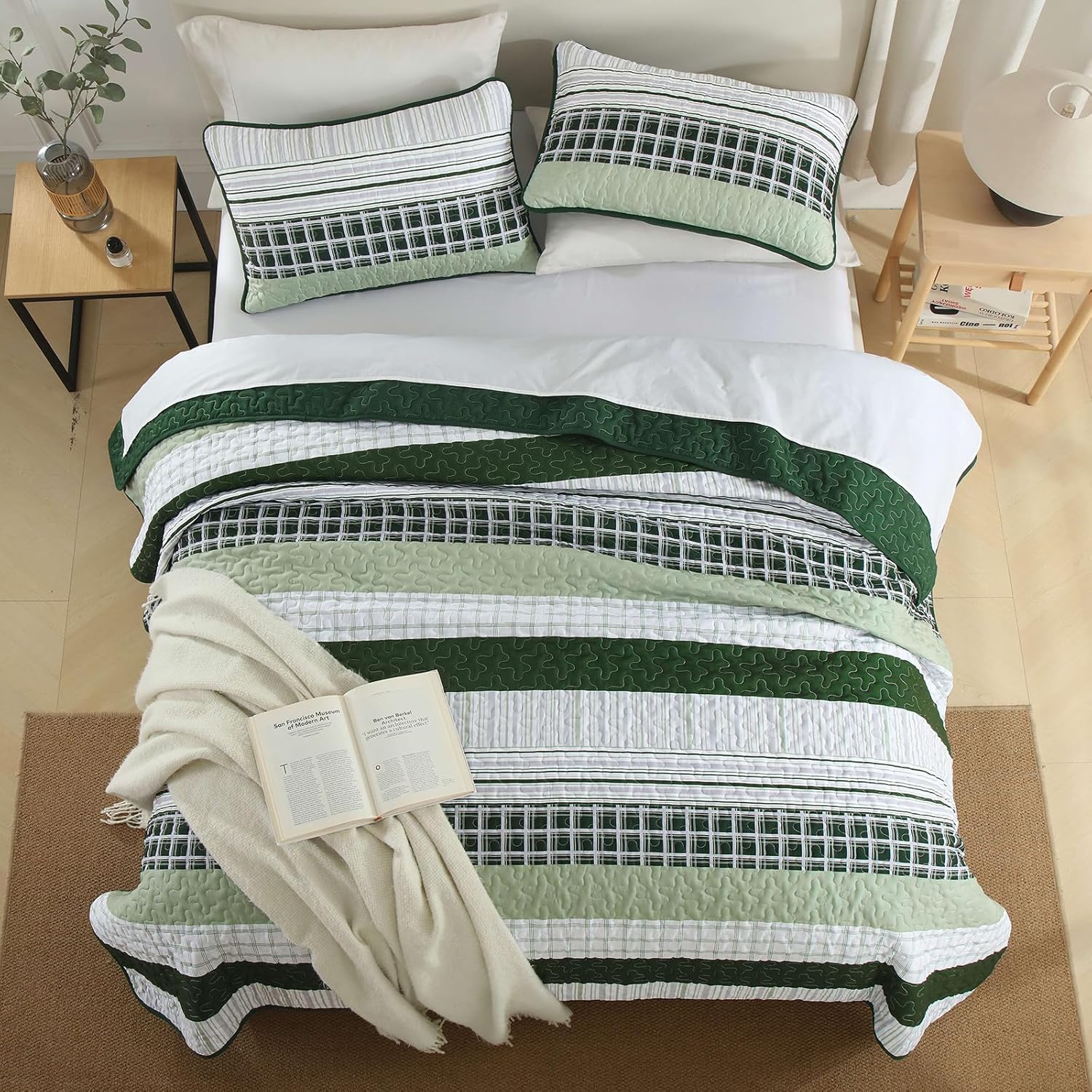 DJY Striped Quilt Set Queen Size, Green Boho Bedspread Set 3 Pieces Patchwork Coverlet Bedding Set Lightweight Soft Microfiber for All Season (96"x90") - Image 3