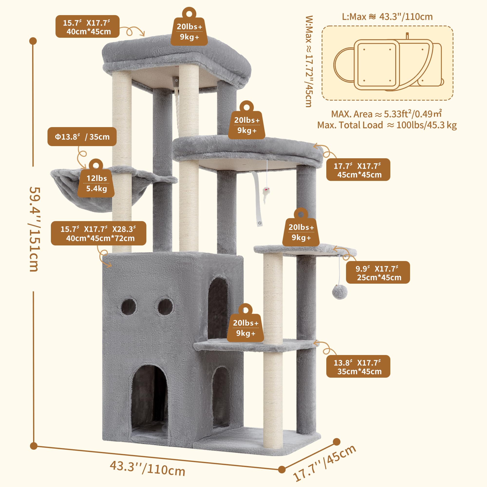 Heybly Arbre à Chat pour Grands Chats 151cm 2 Niches et Perchoirs HCT055W | Base Élargie 76 x 43 cm, Hamac Suspendu, 6 Poteaux en Sisal, Sangle Anti-Basculement, Pour l’Intérieur, Gris Clair
