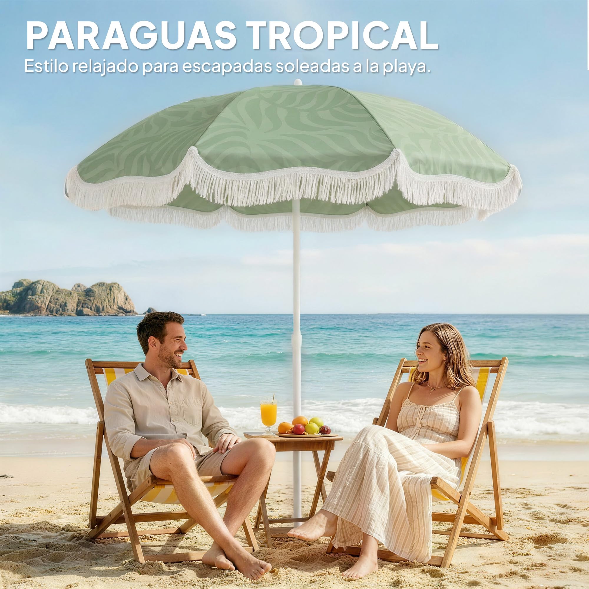 Outsunny Sombrilla de Playa con Flecos Ø180 cm con Inclinación Verde | Sombrilla de Terraza Exterior, Altura Ajustable, Anclaje Arena, Bolsa de Transporte, UPF30+, Estampado de Hojas