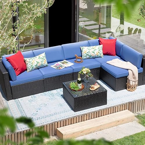 Greesum Patio Furniture Sets 6 Piece Outdoor Wicker Rattan Sectional Sofa with Cushions, Pillows & Glass Table, Dark Blue
