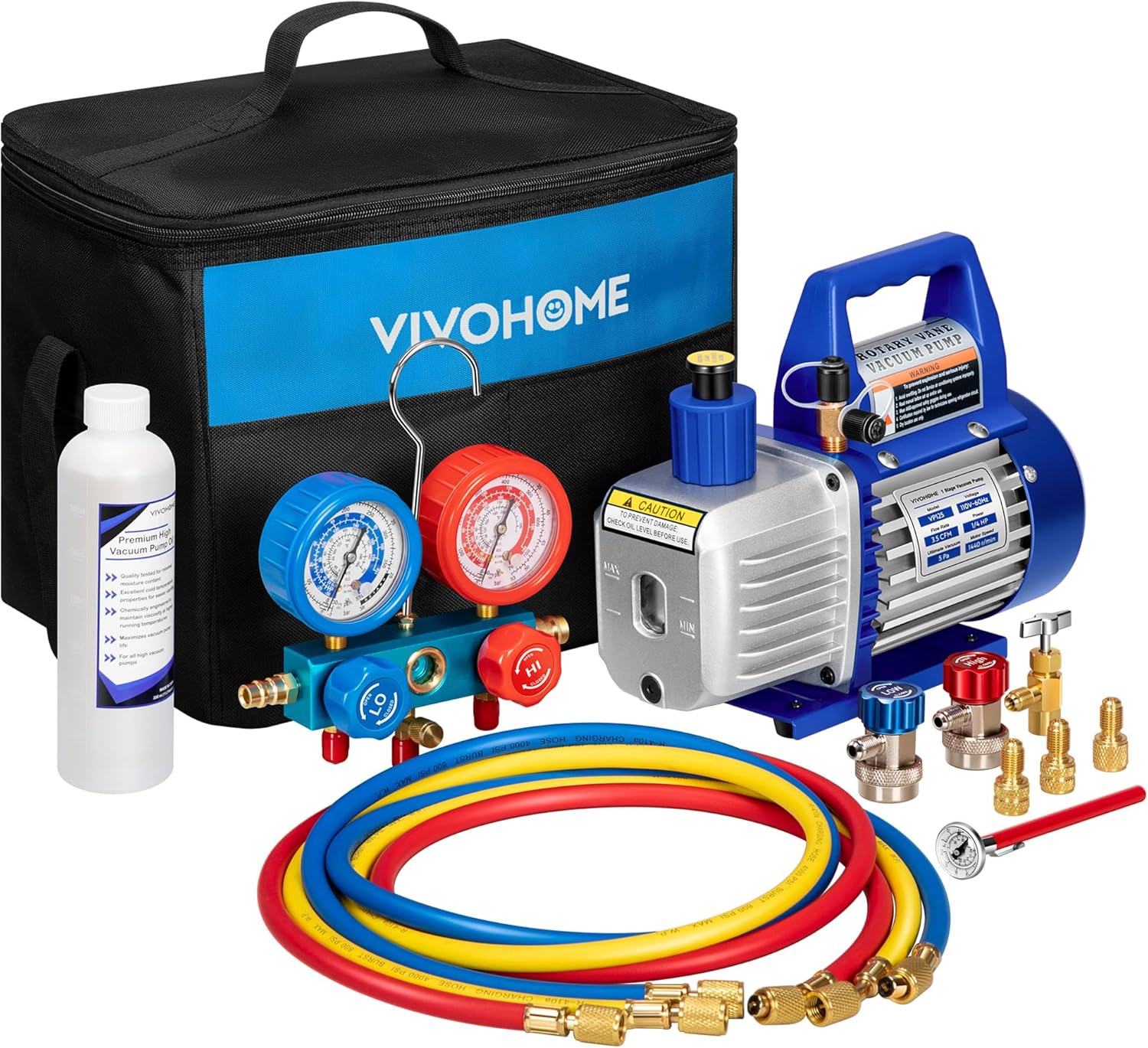 VIVOHOME 110V 1/4 HP 3.5CFM Single Stage Rotary Vane Air Vacuum Pump and AC Manifold Gauge Set Kit with Thermometer for R134a R12 R22 R502 R410a HVAC Air Conditioning Refrigeration Recharging blue 3.5CFM