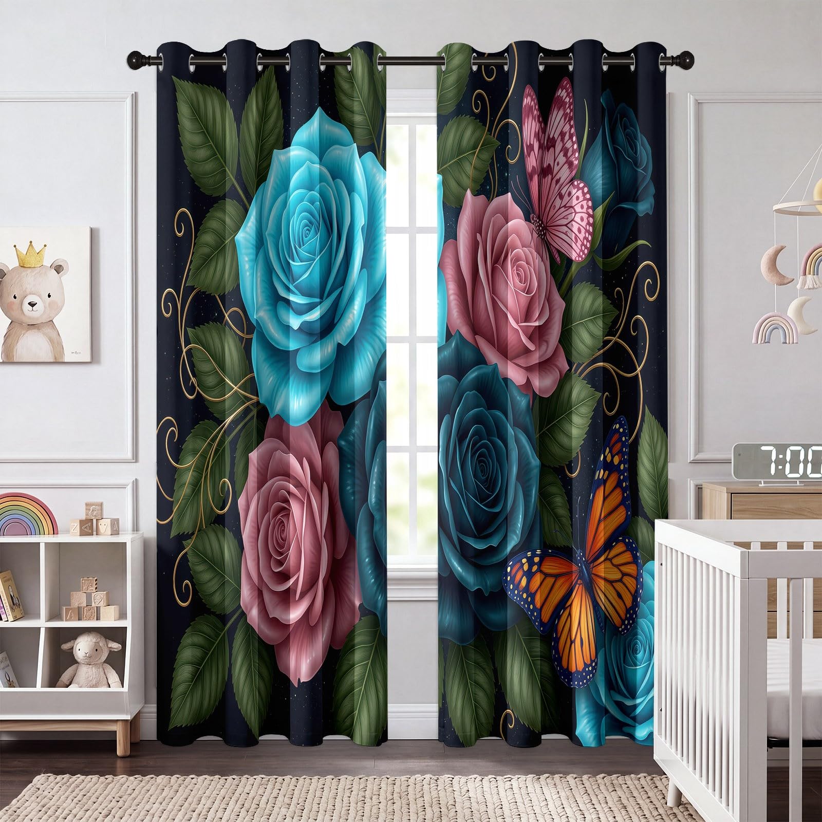 À Fleur Rideaux Occultants Thermique Isolant 117L X 183H cm (2 Panneaux), Enfant Rideau Occultant Opaque à Oeillets Feuille Pétale De Rose Tropical Motif pour Chambre d'enfant et Salon, Vert Foncé