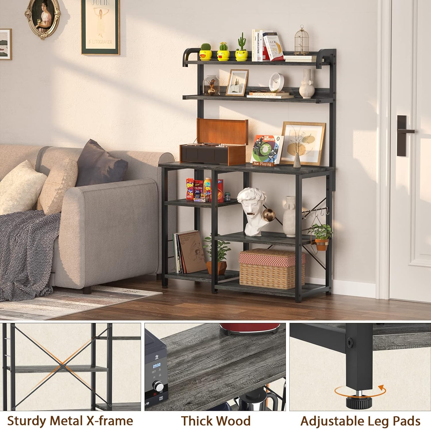 Topfurny Baker’s Rack Kitchen Storage Shelf, 4-Tier+3-Tier Microwave Stand or Coffee Bar Table for Spice, Pots and Pans Organizer, Black Oak