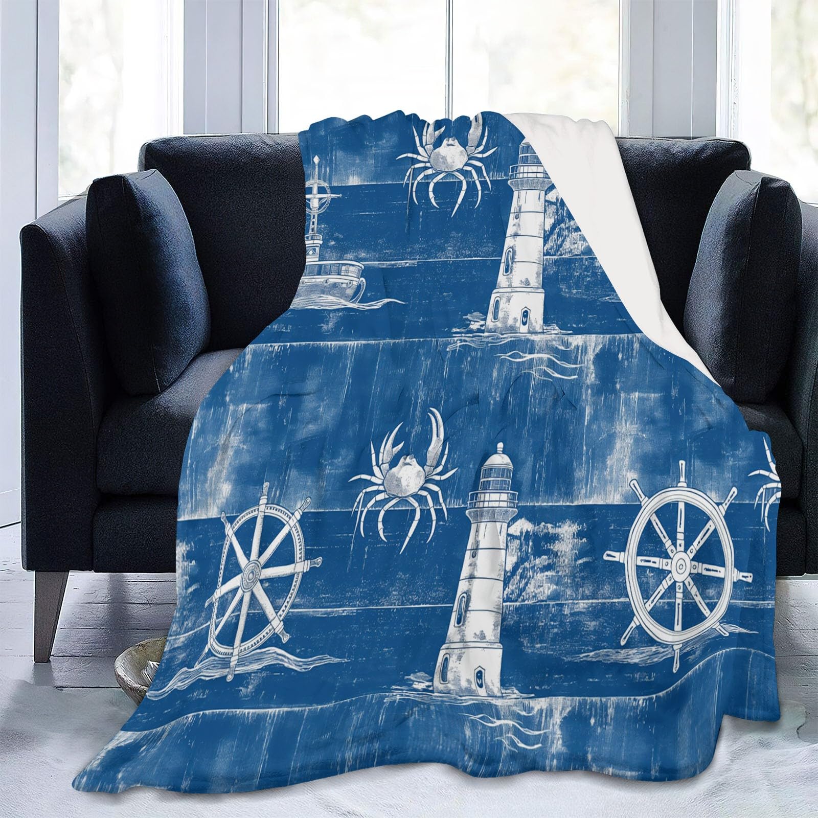 Koc flanelowy 180 x 200 cm, w stylu akwarelowym, latarnia morska, koło z nadrukiem 3D, koc na sofę, koc wełniany, koc do klimatyzacji, do salonu i sypialni