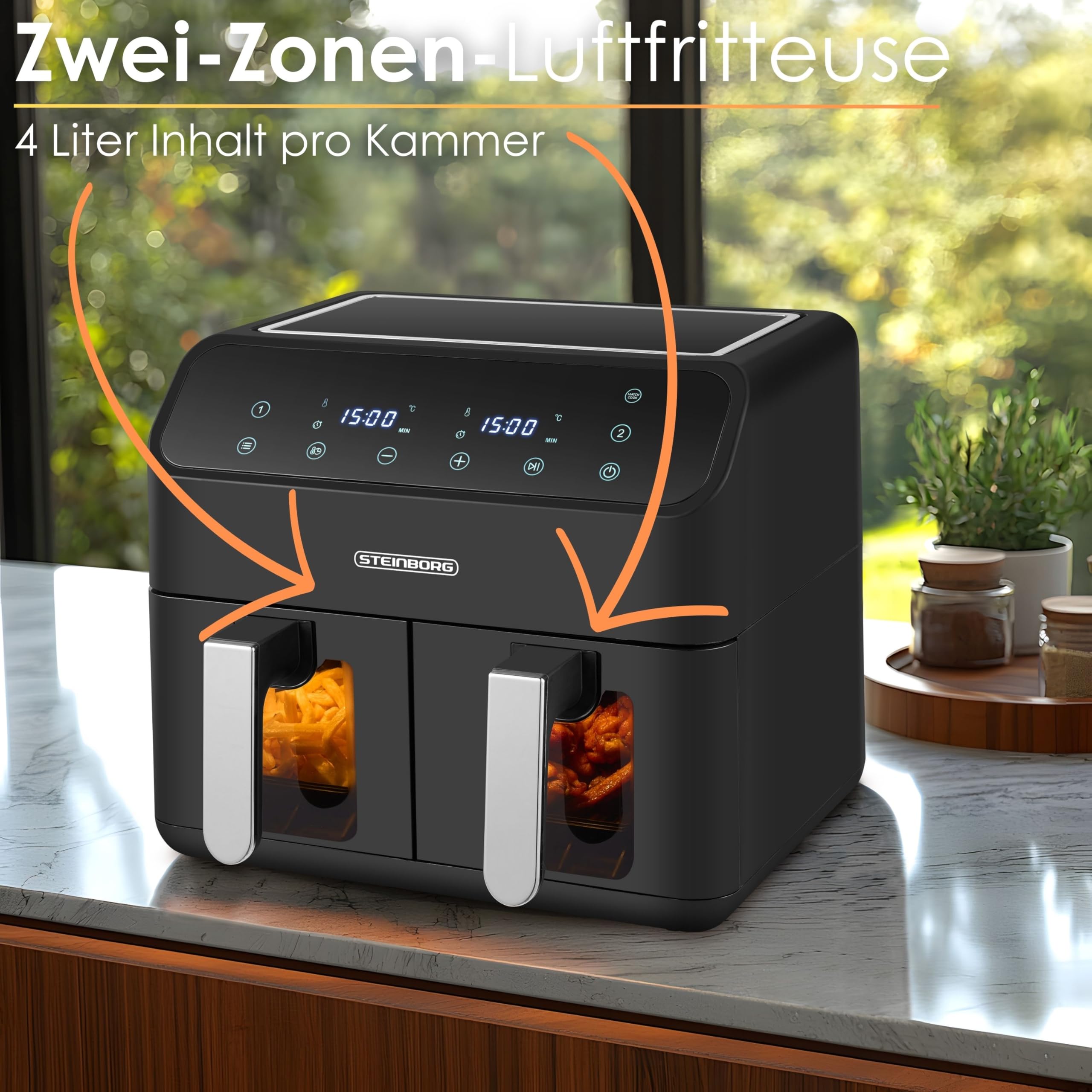 Frytkownica na gorące powietrze, 2 komory, 8 litrów, frytkownica na gorące powietrze, grillowanie, pieczenie, suszenie, smażenie, frytkownica XXL, bez oleju, piec na gorące powietrze, grill 4 w 1