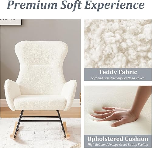 Miniatura 5 de Olela Mecedora de tela de peluche, asiento acolchado con respaldo alto y reposabrazos, silla decorativa de lana de cordero, sofá individual con