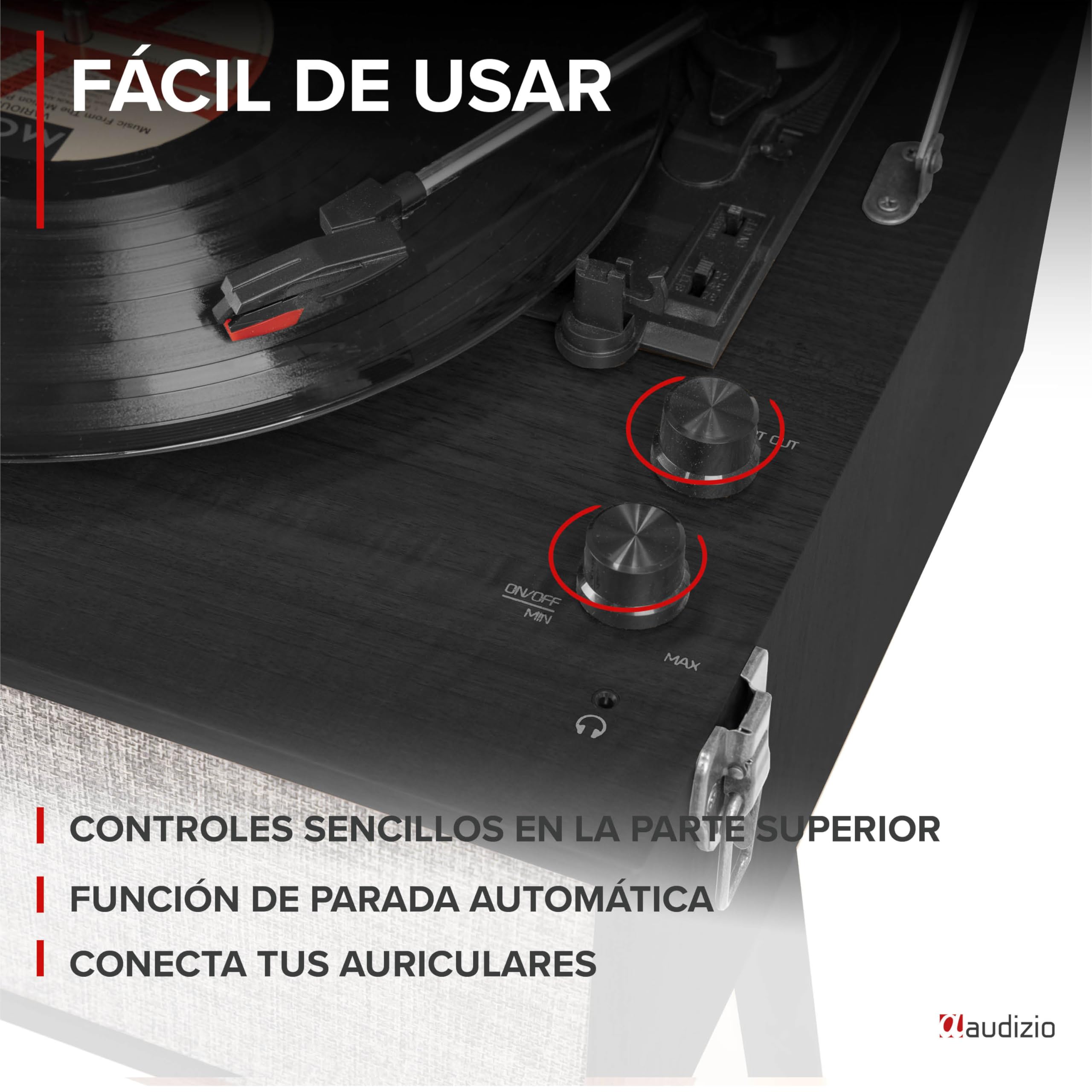 Audizio Fremont - Tocadiscos Retro con Patas de Madera, Bluetooth bidireccional, USB para digitalizar vinilos, Altavoces estéreo, RCA, 3 velocidades, Entrada AUX y Salida de Auriculares Color Negro