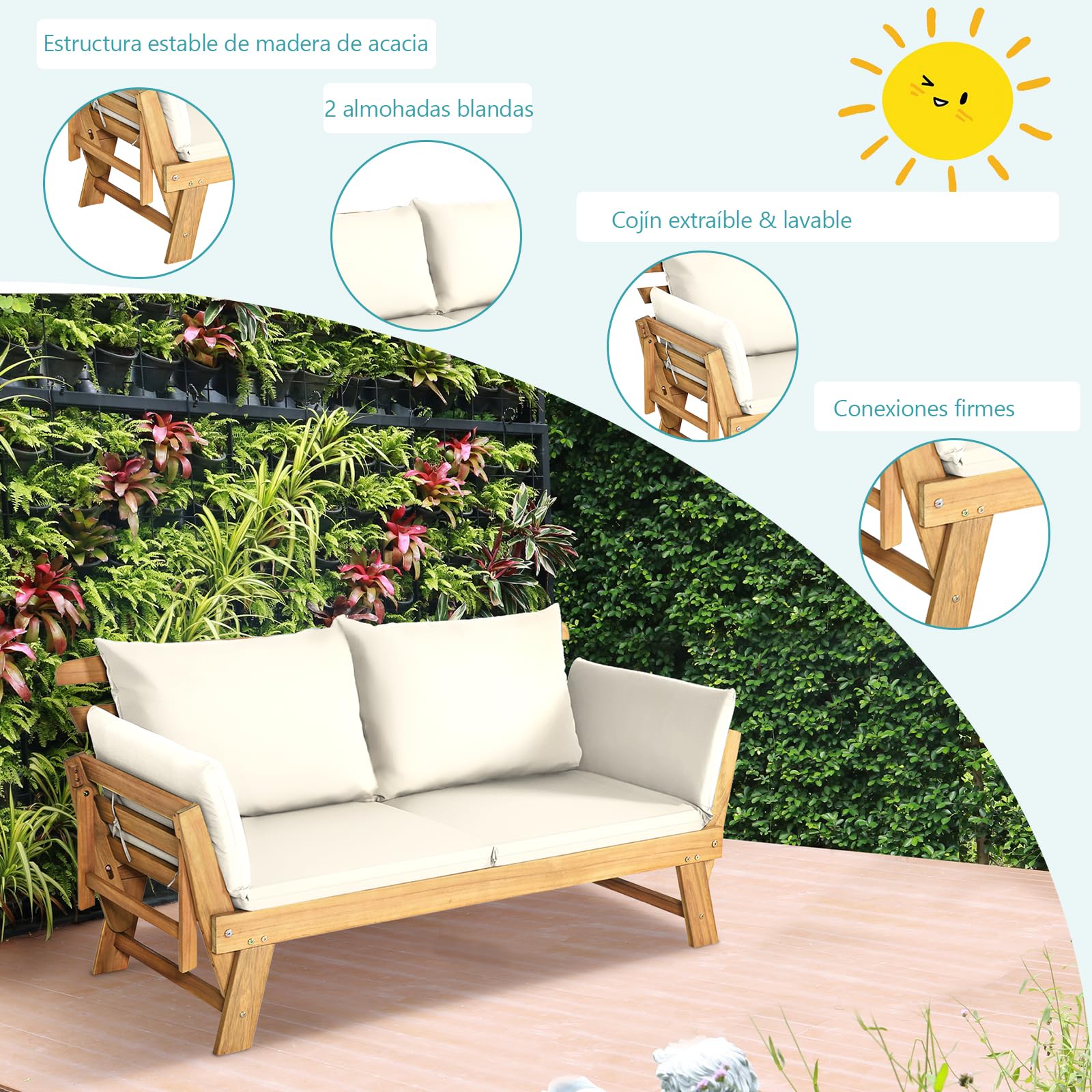 GOPLUS Sofá Cama de Jardín 2 Plazas, 3 en 1 Sofá Exterior Convertible en Tumbona y Cama Individual, Banco de Madera de Acacia con Cojines y Reposabrazos Ajustables, Terraza Patio Piscina (Blanco)