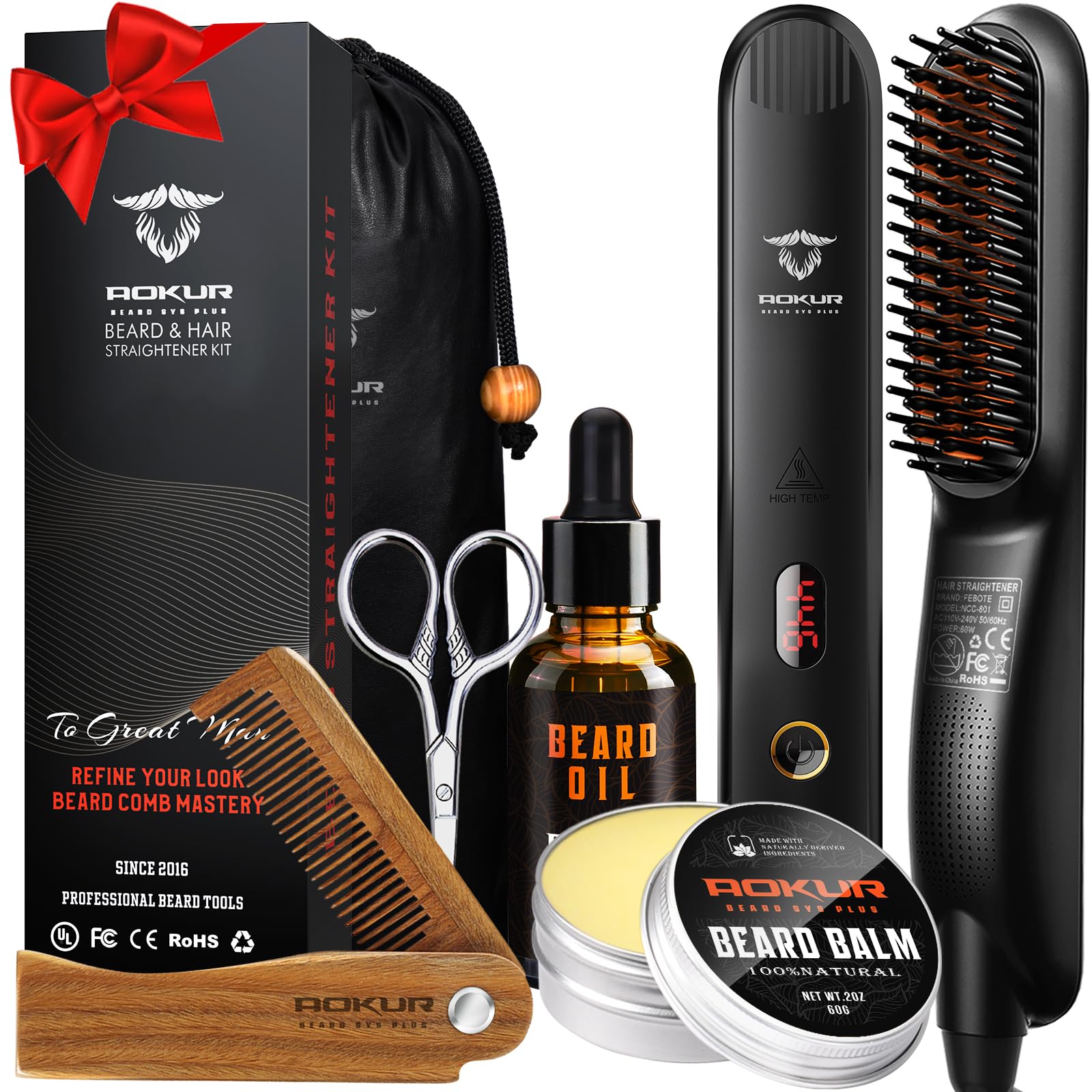 Beard Straightener for Men – 5-Temp Heated Brush with Anti-Scald Tech – Grooming Kit with Sandalwood Comb, Balm, Oil & Scissors – Gifts for Father’s