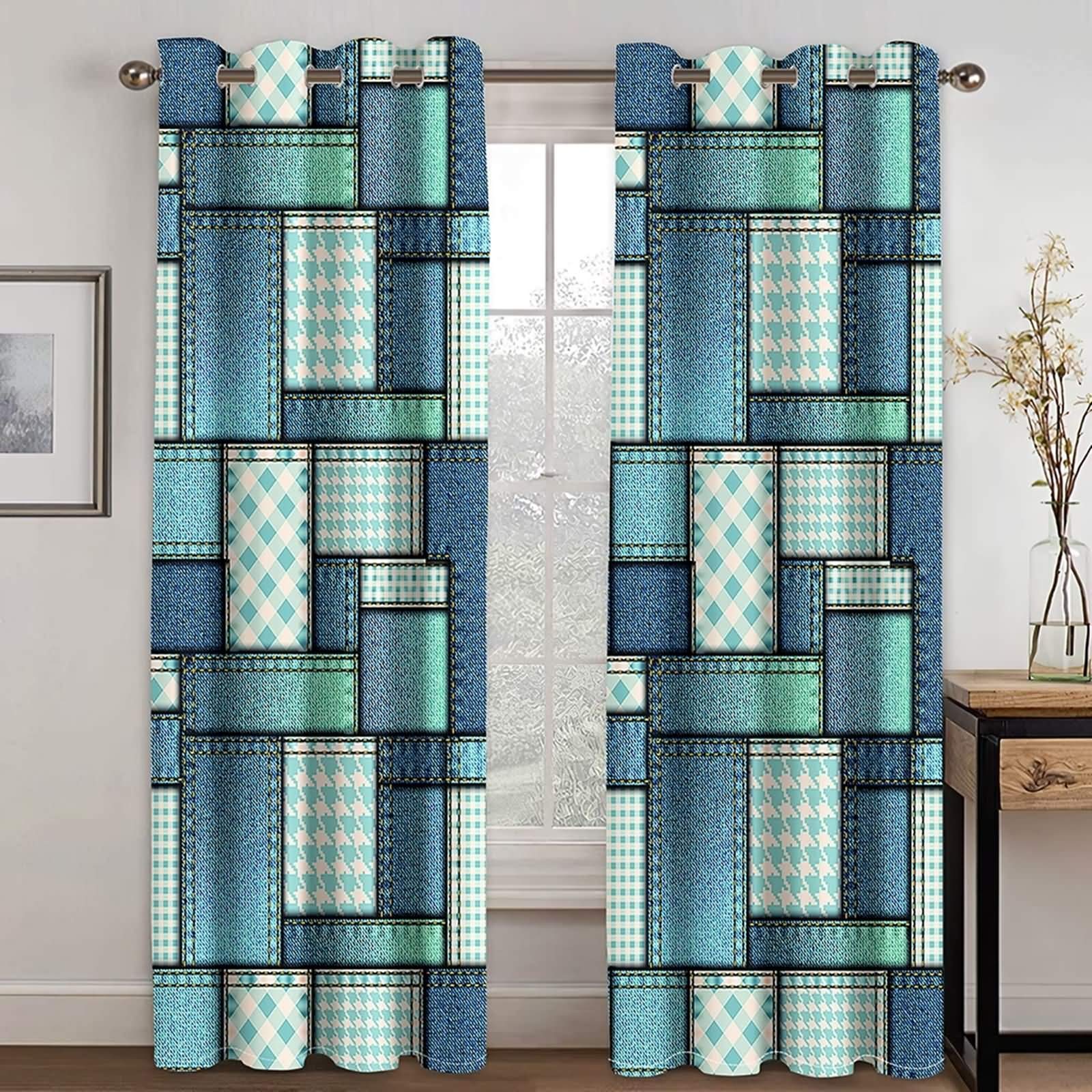 Daesar Tenda Salotto 2 Pezzi, Tenda Oscurante Isolante 107x138CM Tenda da Salotto Moderno Geometrica Tenda Blu Oscurante Poliestere