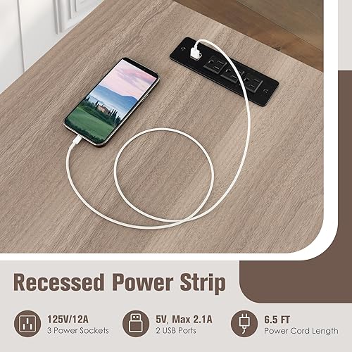 Miniatura 8 de COSTWAY Escritorio en forma de L con estación de carga, escritorio de esquina reversible de 55 pulgadas con estantes de almacenamiento de malla,