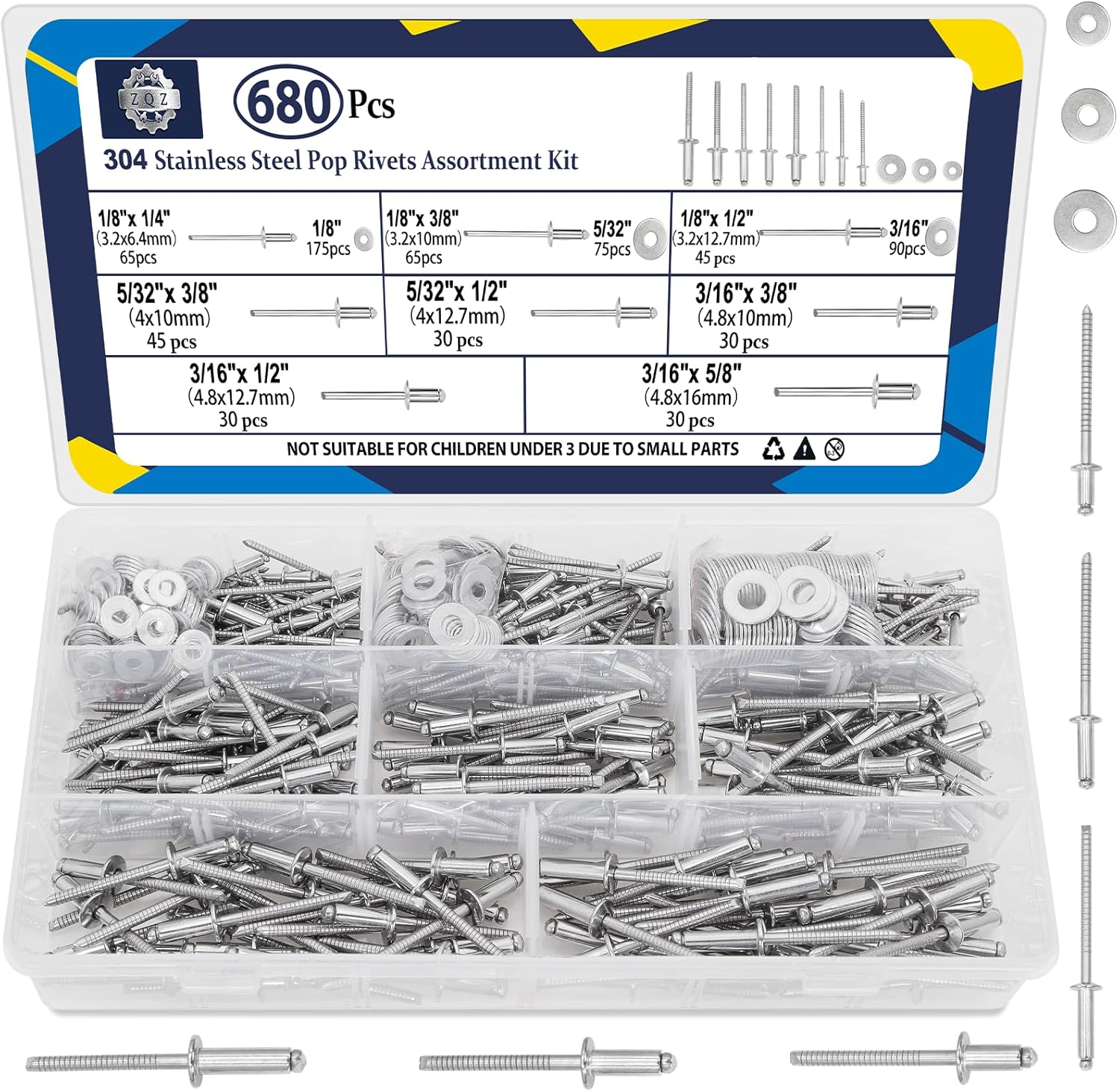 ZQZ 680Pcs Stainless Steel Pop Rivets, 8 Sizes Stainless Rivets with 1/8" 5/32" 3/16" Blind Rivets and Washers Assortment Kit 680/set Silver
