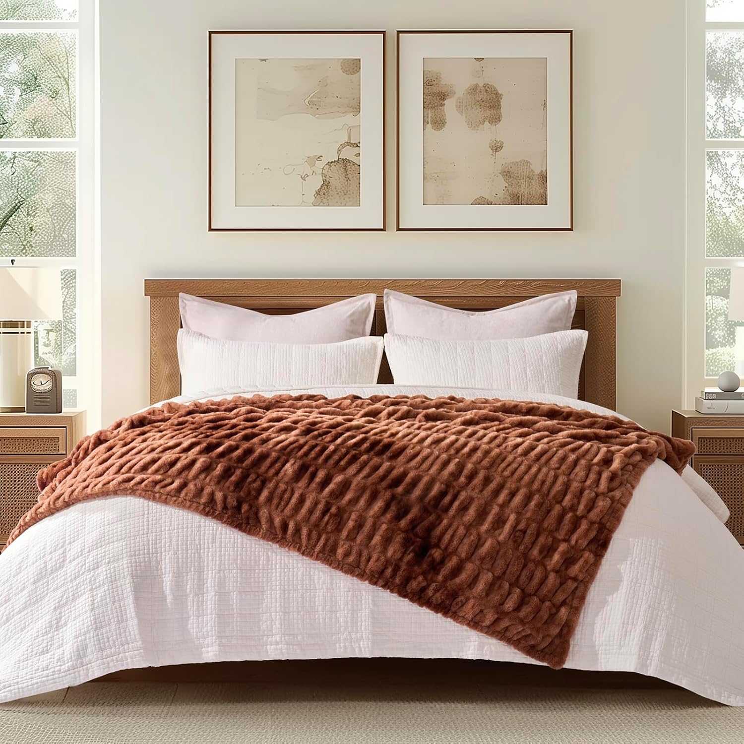 EVERGRACE Luxurious Soft Faux Rabbit Fur Throw Blanket, Cozy Fuzzy Plush Warm Throws for Couch Bed Sofa Chair Home Decor, Ruched Bubble Fluffy Blanket with Reversible Velvet, 60" x 80", Clay - Image 5