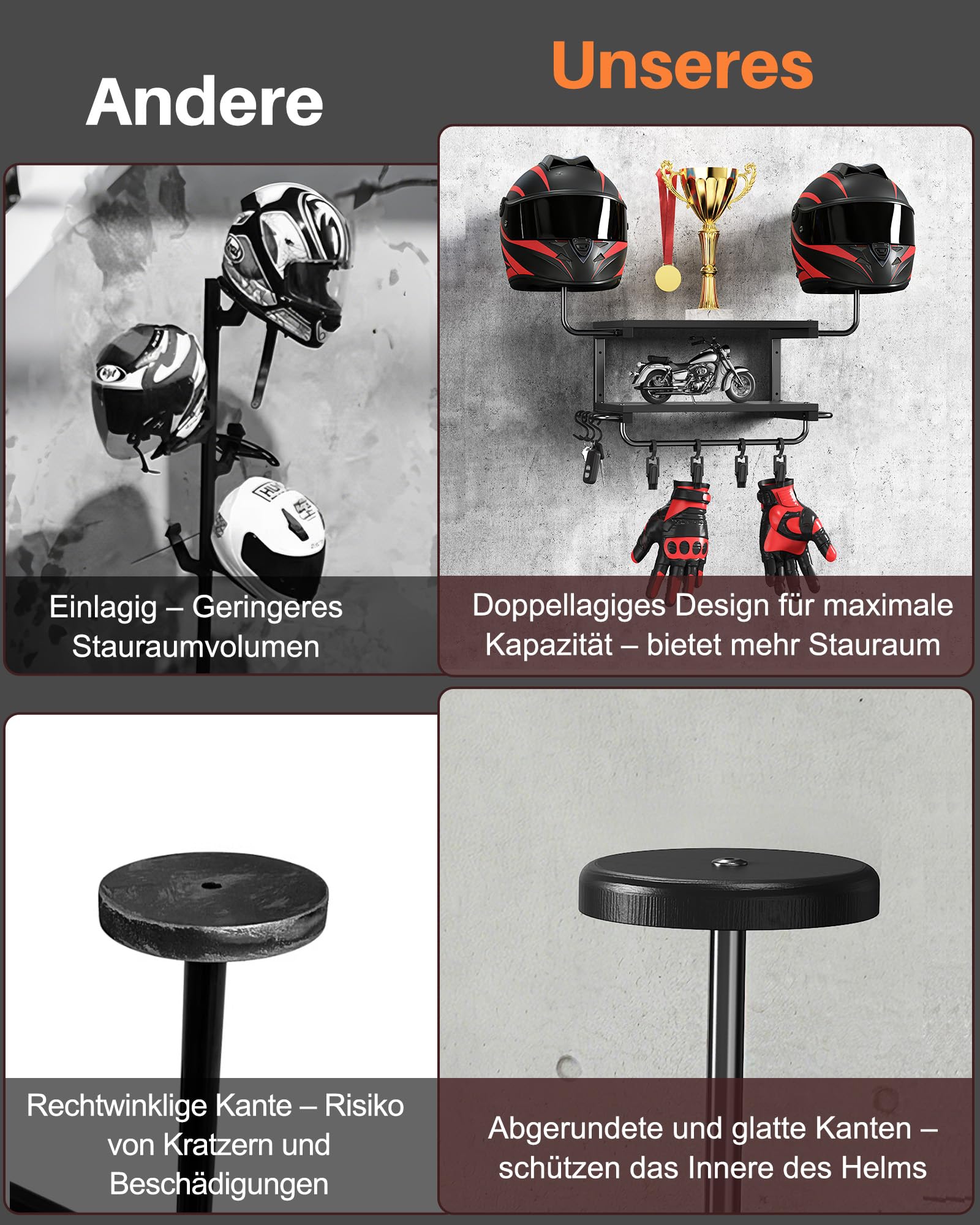 Motorradhelm Halterung Wand für 2 Helme, Motorrad Garderobe Wand mit Kleiderbügel und Haken, 30 kg Tragfähigkeit, geeignet für Fahrrad und Skihelme (Schwarz)