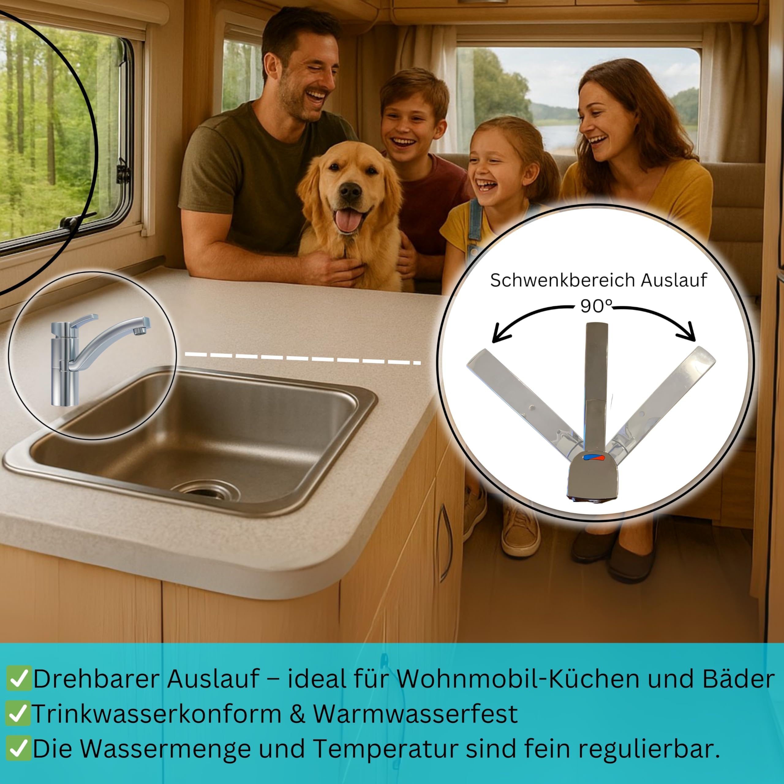 Comet Capri - Miscelatore monocomando per camper, 12 V, cromato, con microinterruttore, girevole a 90°, per roulotte, per campeggio e roulotte, 12 V, rubinetto per camper e barca