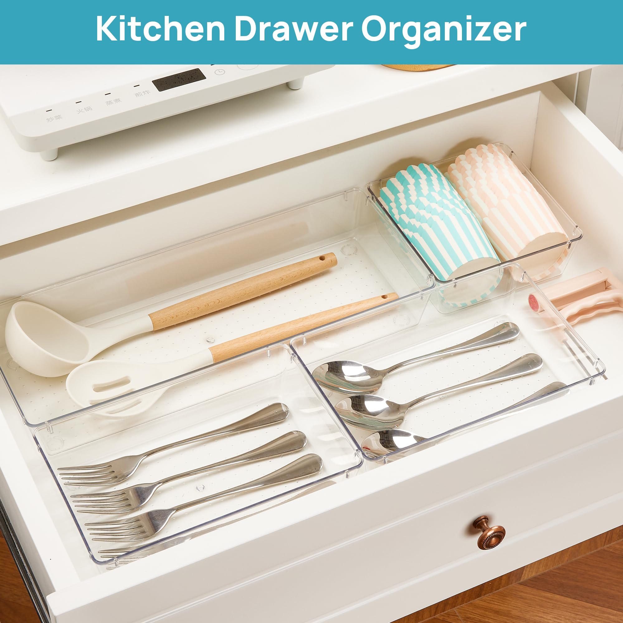 Vtopmart Set di 6 organizer per cassetti in plastica trasparente, vassoi organizer per cassetti da bagno e toeletta, contenitori in acrilico per trucco, utensili da cucina, organizer per scrivania da