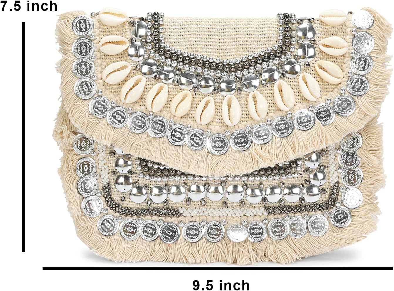 LONGING TO BUY Woven Clutch with Shell and Coin Embellishments, Chain Strap Crossbody Bag For Women