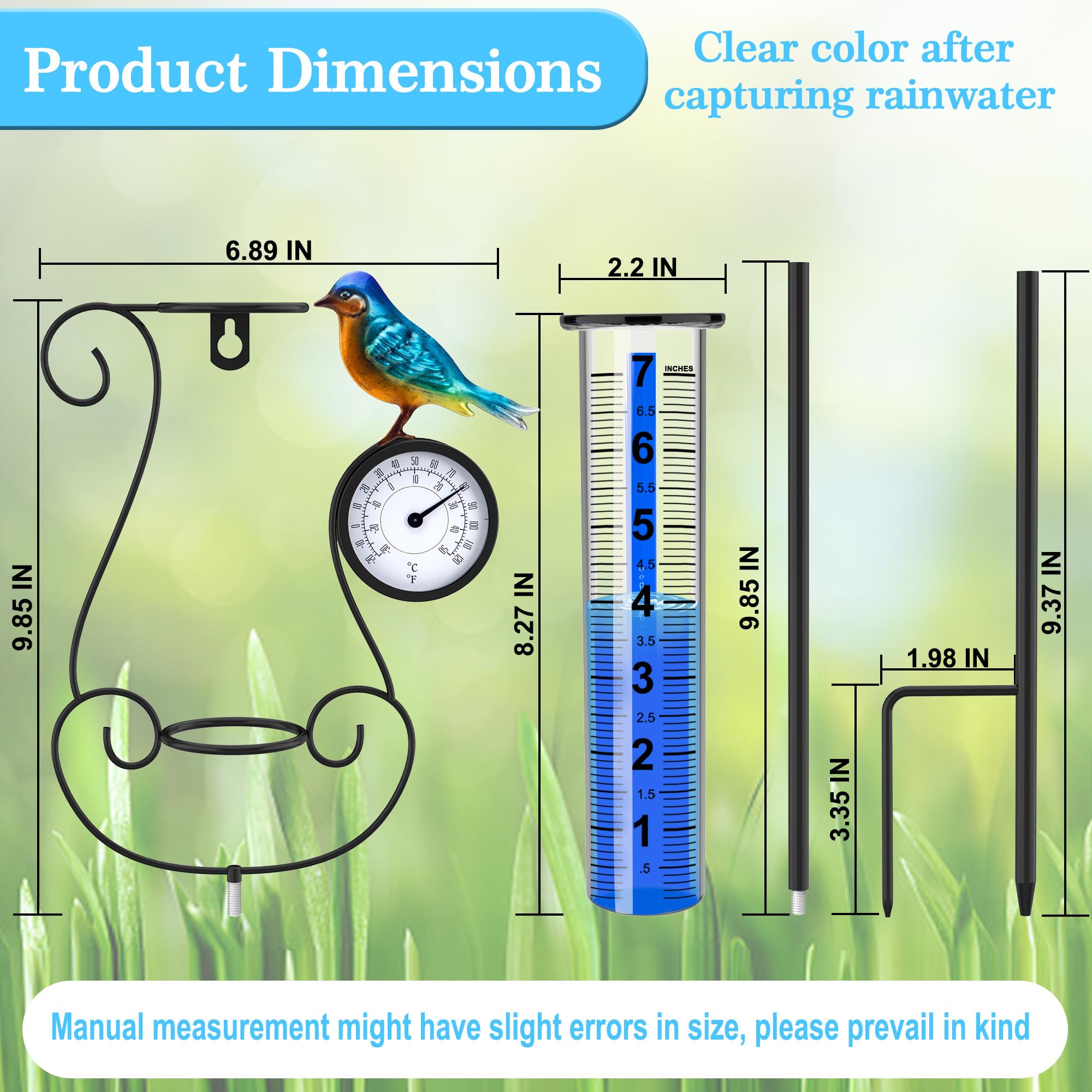 Regenmesser für den Außenbereich, großer farbiger digitaler Regenmesser mit Metallkolibri und Temperatur- und Hygrometer, höhenverstellbar, große Kapazität, für Garten, Deck, Rasen,