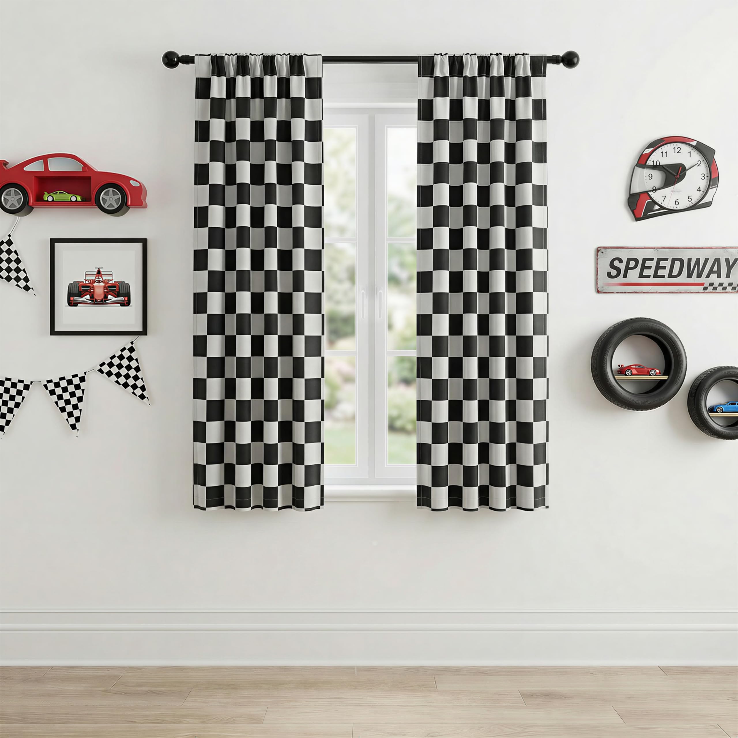 BOHOMOCASA Rod Pocket & Back Tab Checkered Curtains, 100% Blackout, Race car Flag Checkerboard Curtains, Thermal Insulated, Noise Reducing, 3-inch Checkered, 2 Panels, Each W26×L63