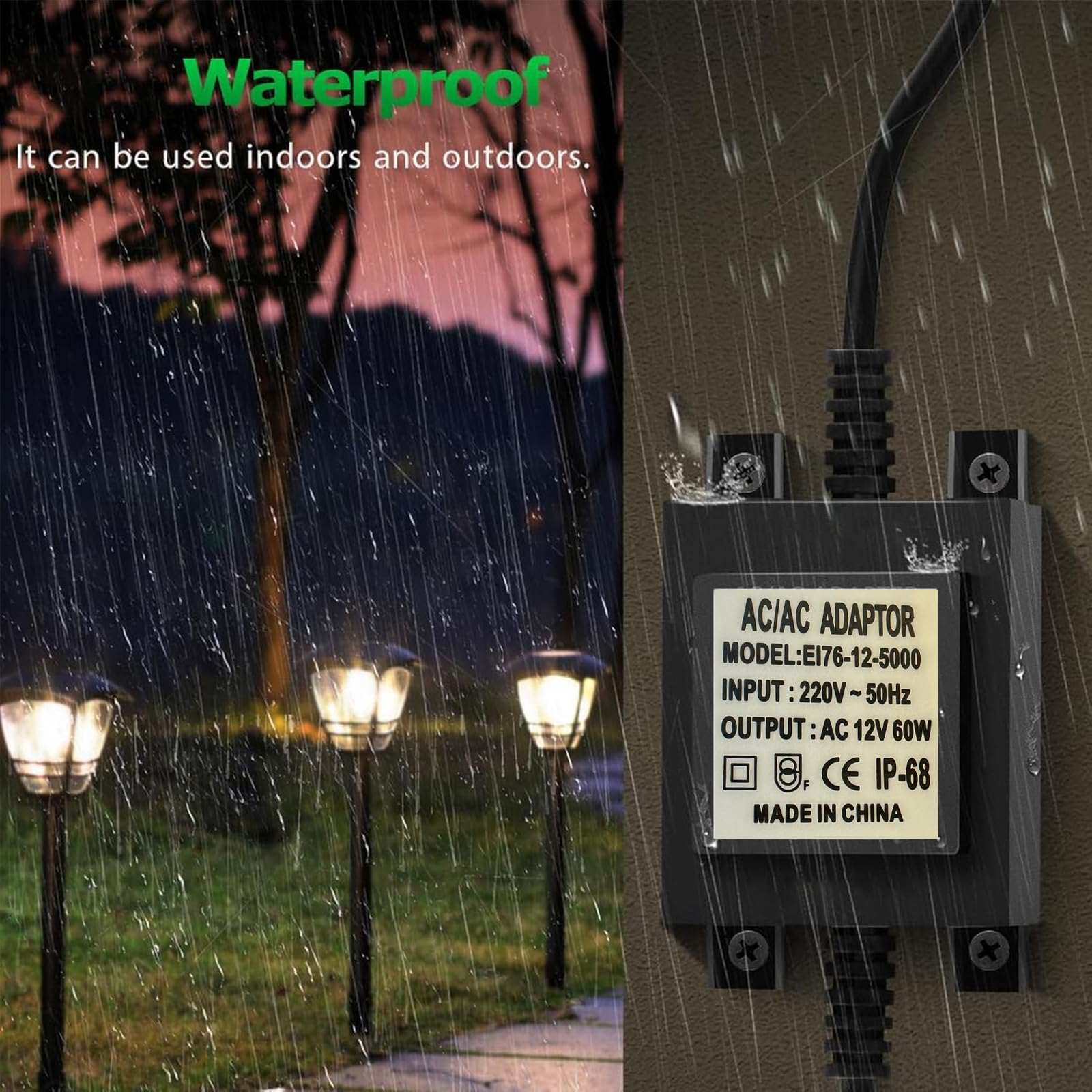 Transformateur LED 12 V AC/AC 60 W, alimentation extérieure IP68, transformateur 220 V 12 V avec fiche, bloc d'alimentation LED 12 V pour éclairage LED et pompes de bassin
