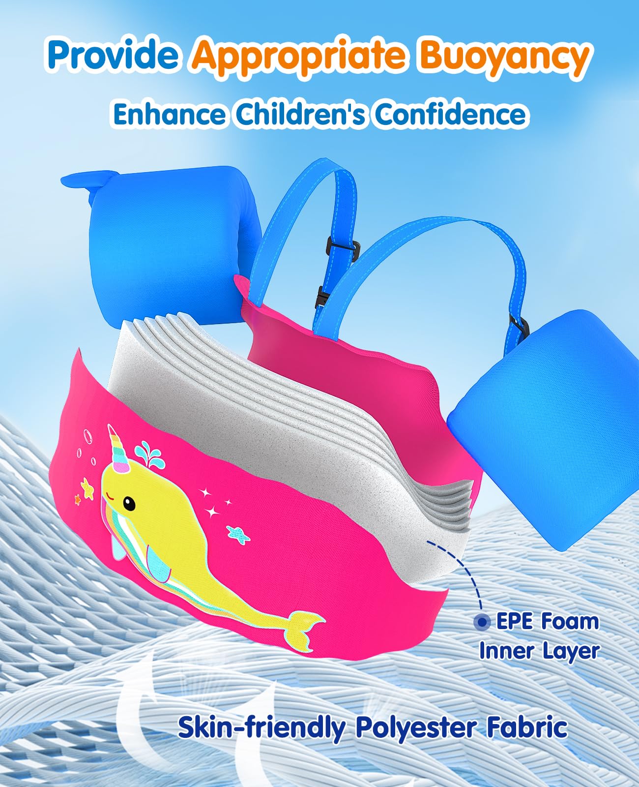 HeySplash Chaleco de Natación para Niños, Manguito de Natación con Correa Ajustable, Flotador de Piscina para Niñas de 13-30/22-44lbs, Flotador para Niños Aprendan a Nadar