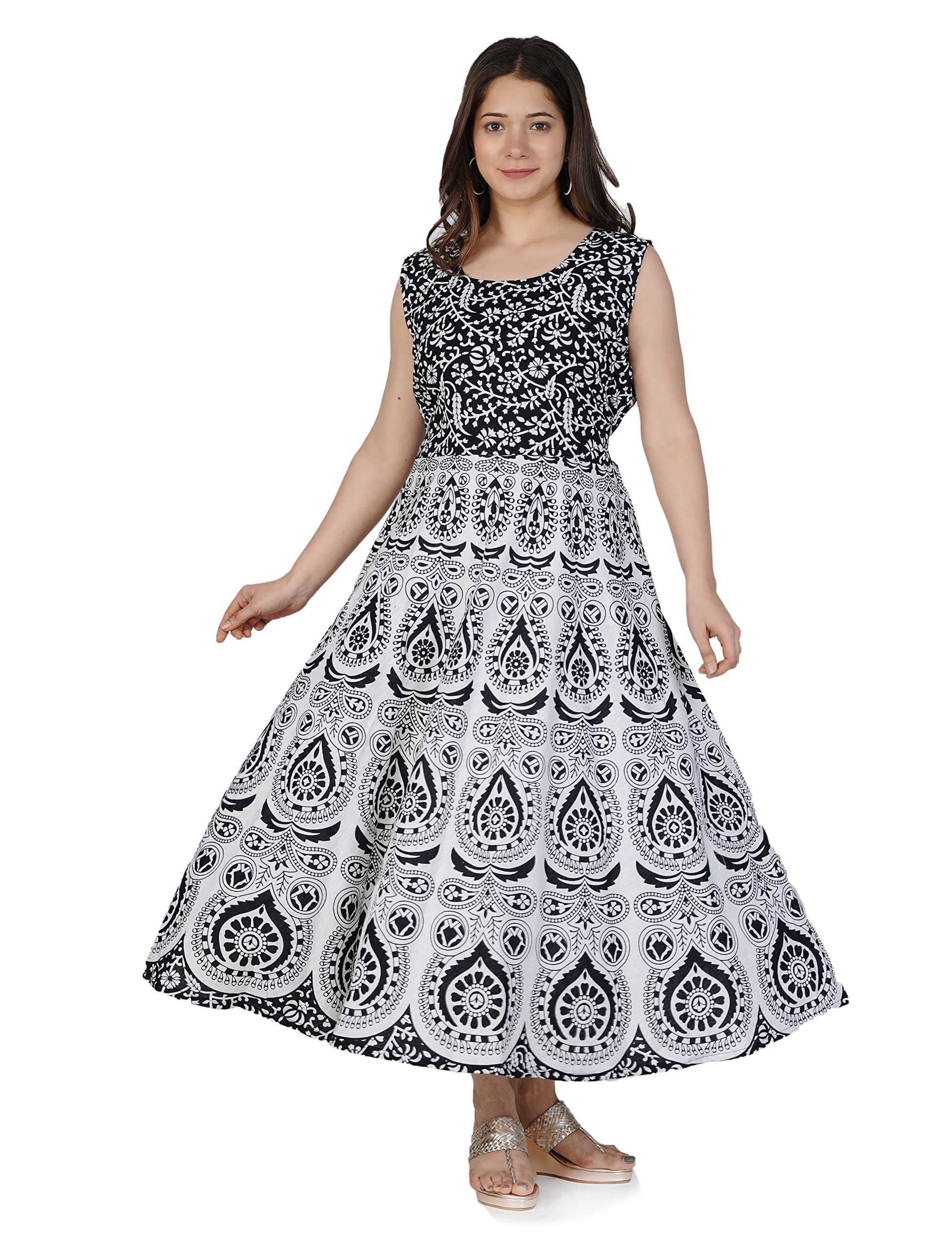 Cotton Women's Maxi Long Dress Black&White Jaipuri Printed (Free Size Upto 44-XXL)-image-32