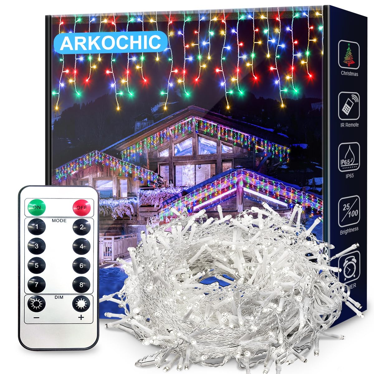 ARKOCHIC 30M Luci Natale Esterno Cascata, 1200 LED Tenda Luminosa Colorato, Luci Natalizie da Esterno con Telecomando, 8 Modalità, Luci Decorazione Natale per Feste, Finestra, Balcone