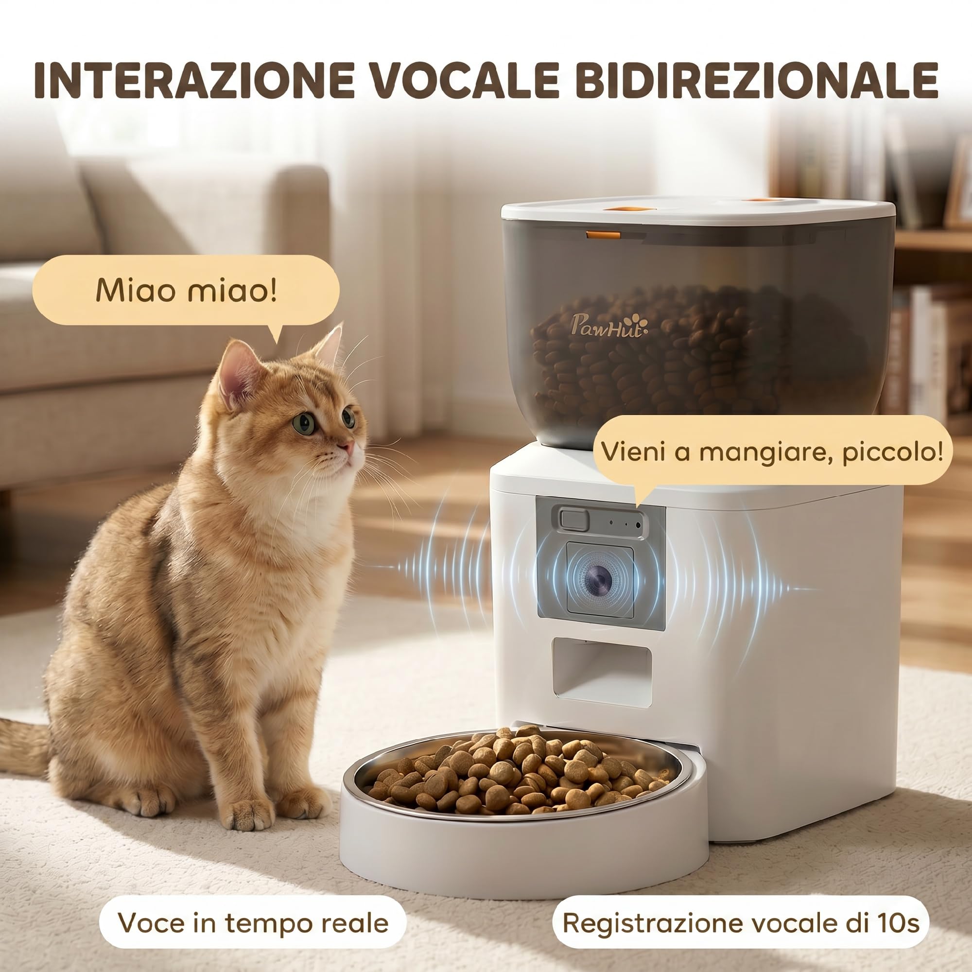 PawHut Distributore Automatico Cibo Gatti Cani 4L con Telecamera WiFi 2.4G | Dispenser Erogatore Crocchette Gatto, Controllo App, Timer, Visione Notturna, Audio Bidirezionale, 1-10 Pasti/G, Ciotola Inox