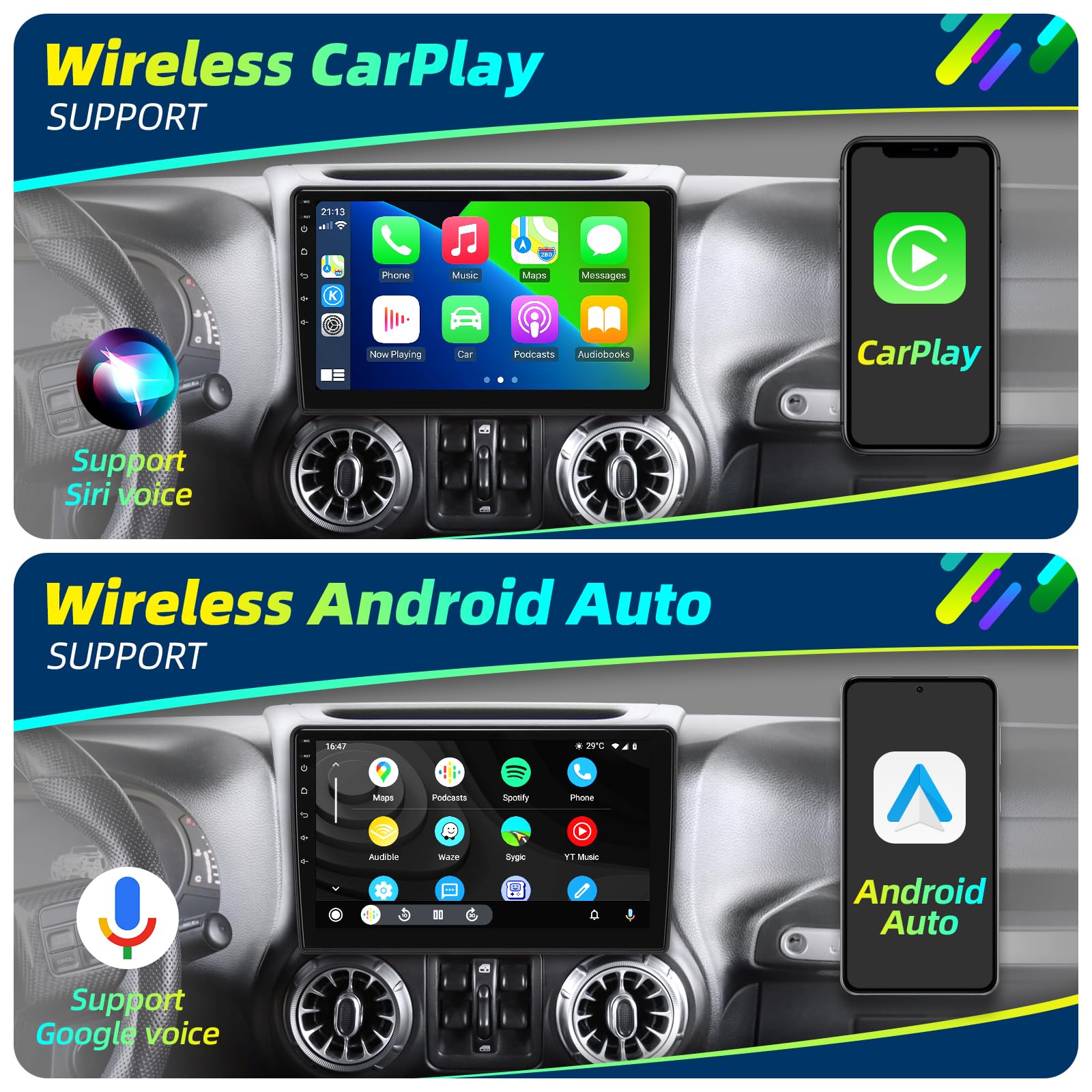 Crownyu for Jeep Wrangler JK 2007-2018 Upgrade Android Radio Compatible with Wirelessly Carplay Android Auto Car Stereo Bluetooth Navigation Touch Screen GPS 8core 4GB RAM 64GB Head Unit Media Player