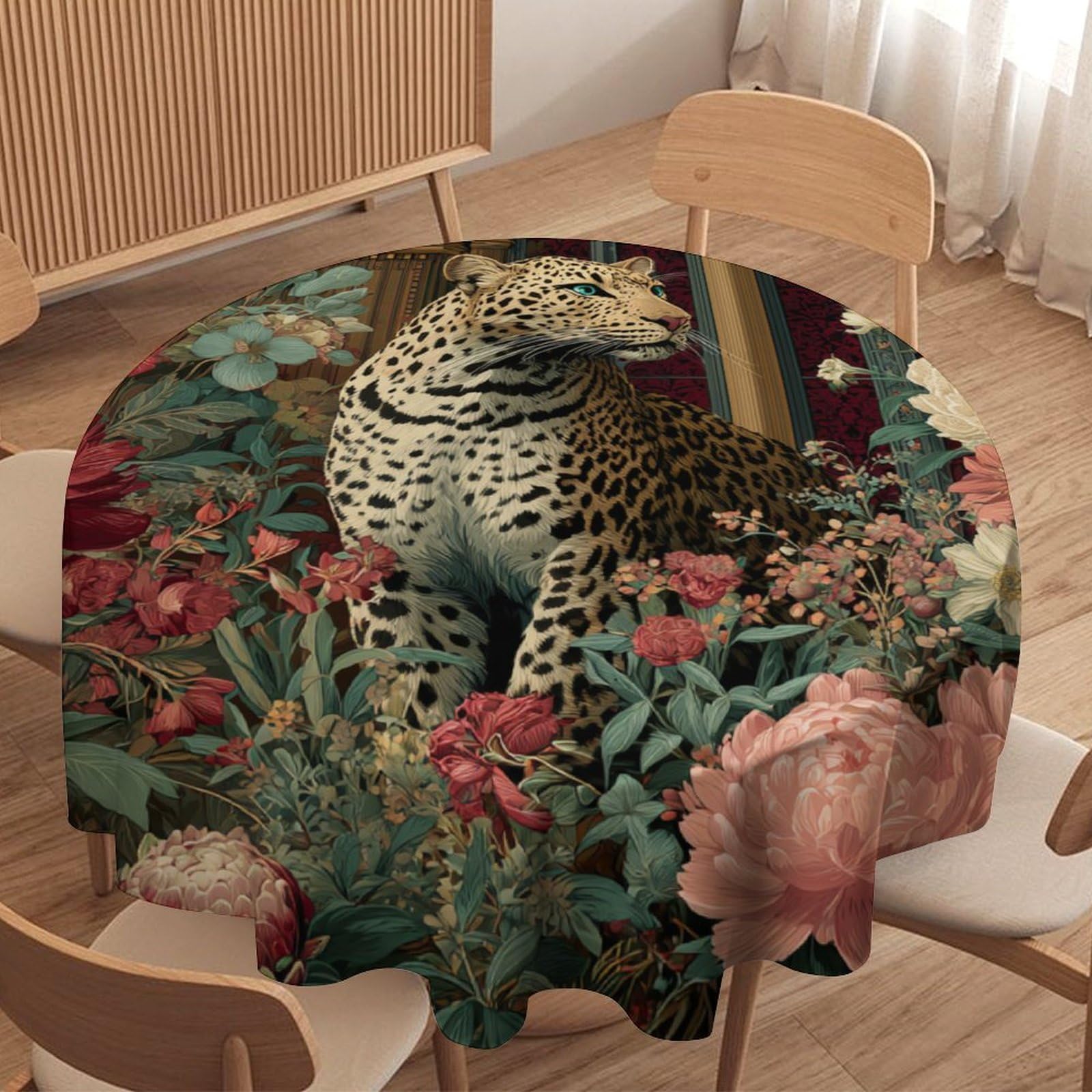 LUYYSKY Cool Realistic Elegant Leopards Waterproof Round Tablecloth Modern Art Animals Cheetah Plants Roses Flowers Pattern Washable Table Cover for Kitchen-127 Wx127 L cm