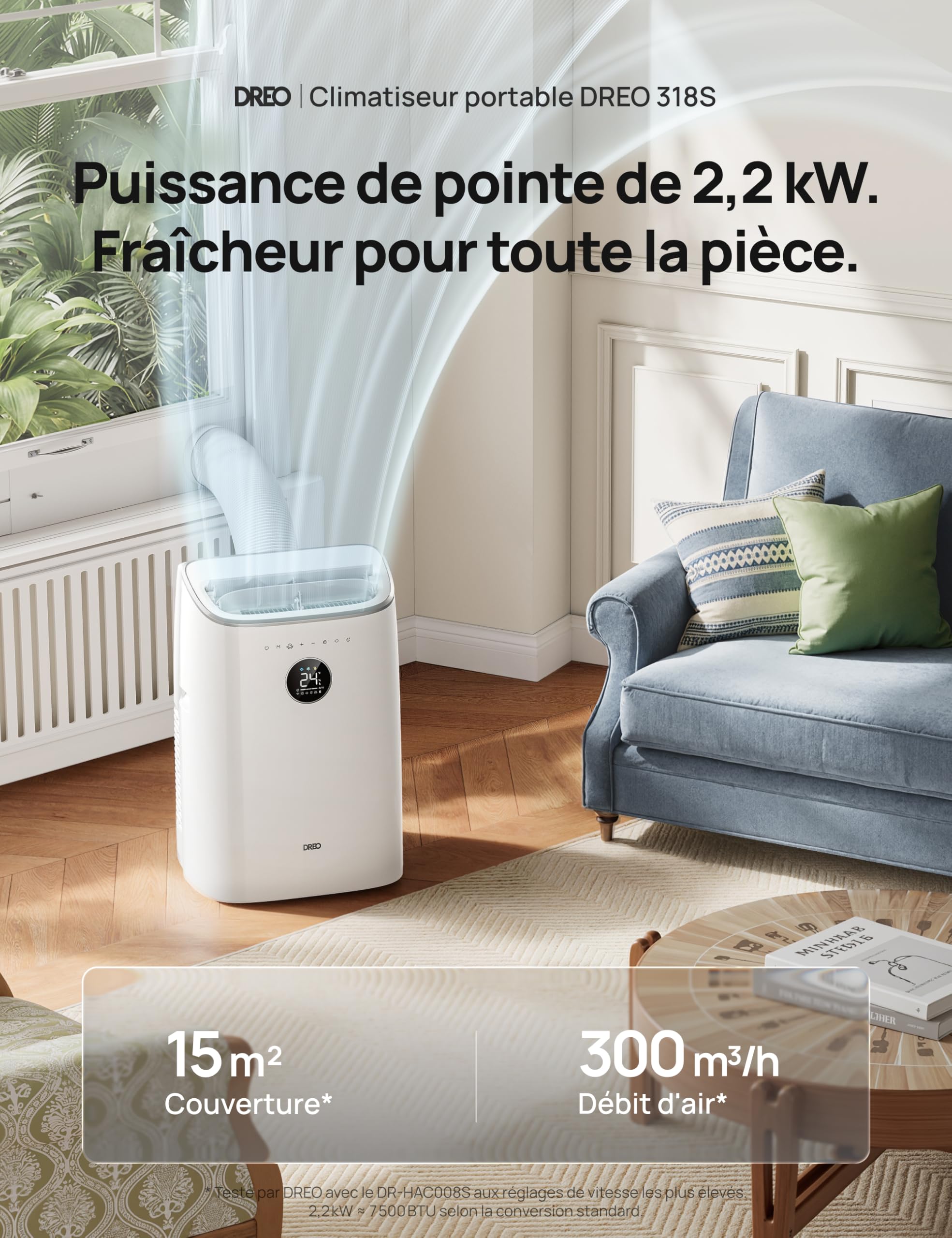 DREO climatiseur mobile 7500 BTU 3-en-1 refroidissement/ventilation/déshumidification, silencieux pour chambre ou bureau, contrôle par app et voix, sans drainage, kit fenêtre, 2,5 L/h, AC318S