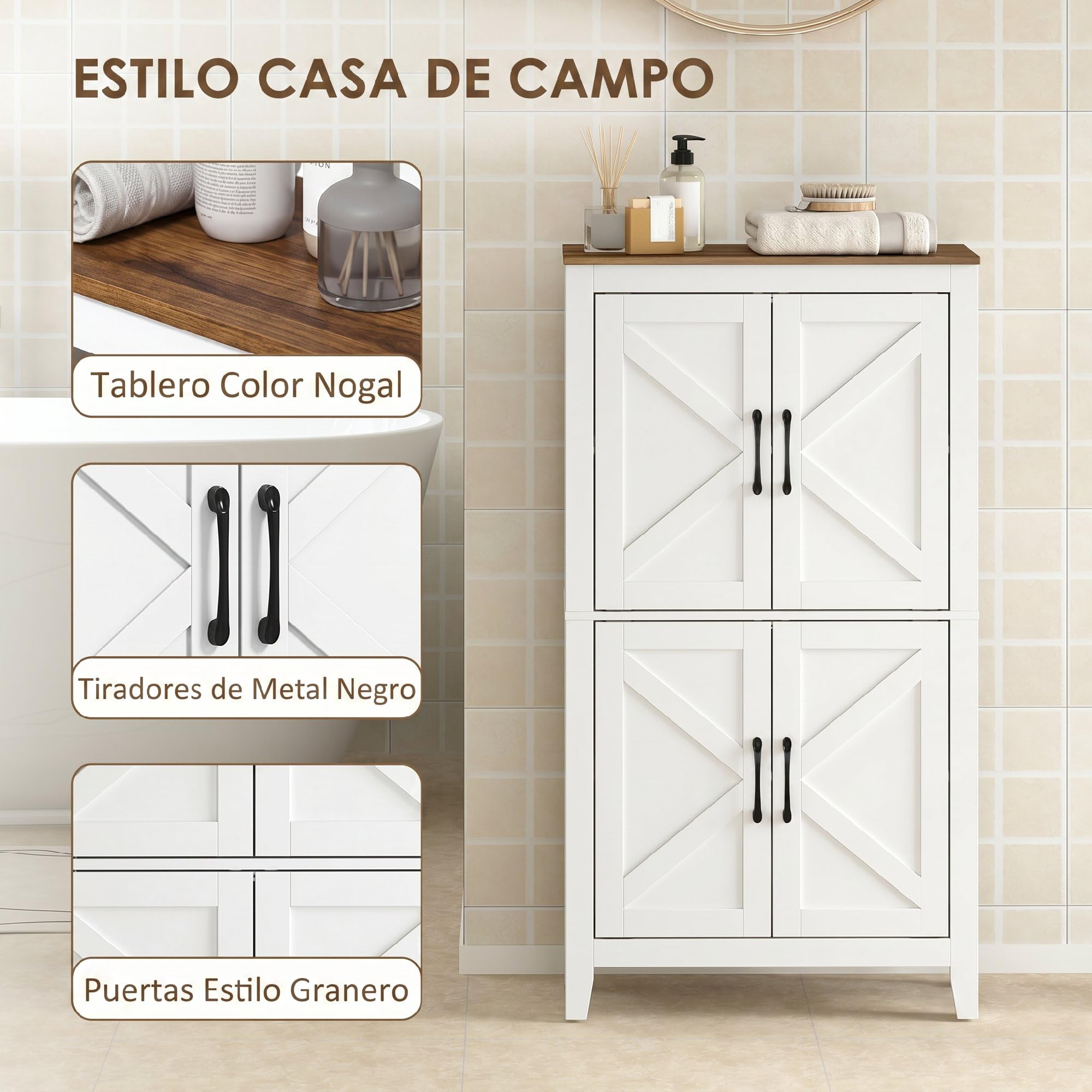 HOMCOM Armario de Baño Estrecho Puertas Tipo Granero 60x30x110 cm Blanco | Mueble Auxiliar de Baño, 4 Estantes, Estantes Ajustables, Ahorro Espacio