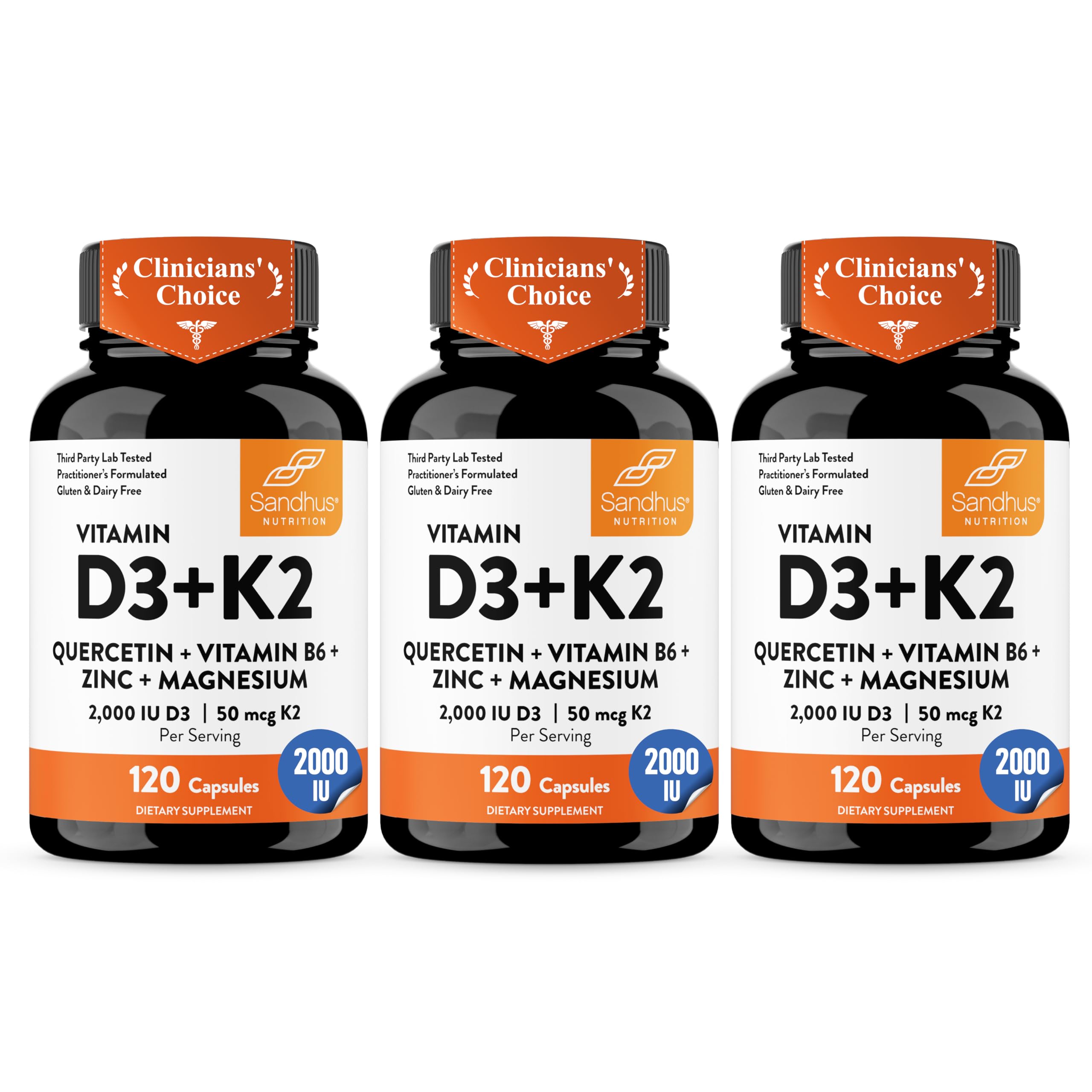 Vitamin D3 K2 2000 IU 120mcg Magnesium Zinc B6 Quercetin Capsules 360 Count