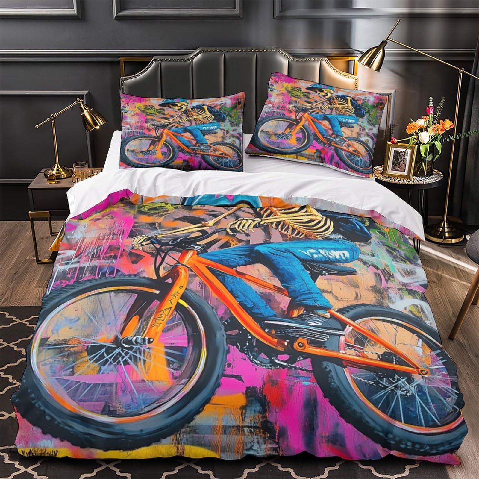 Motard Squelette parure de lit style rue urbaine pour chambre d'adolescent et adulte branché