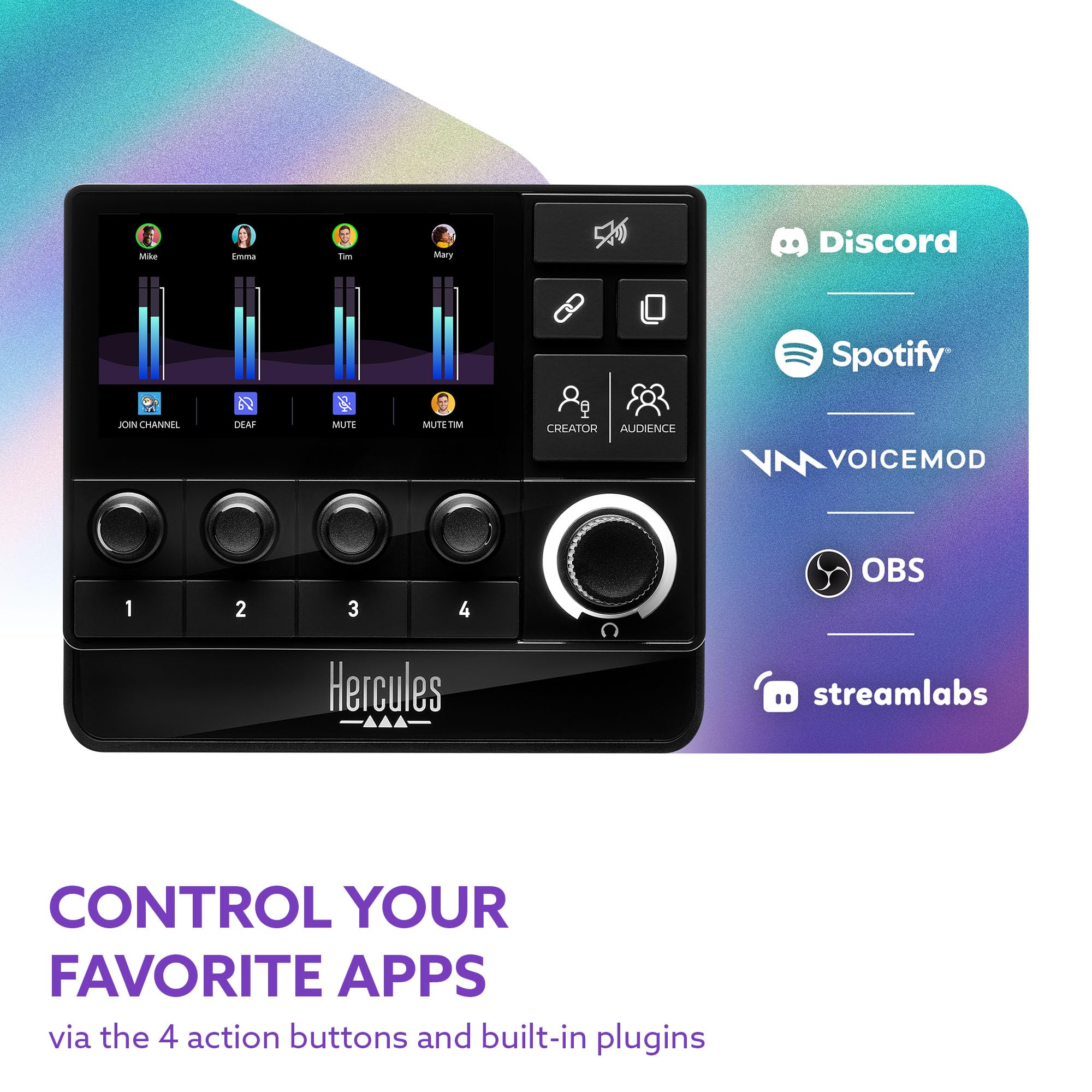 Hercules Stream Essentials Kit - Stream 200 XLR, Contrôleur audio gaming pour PC + micro XLR + Voicemod Pro (3 mois) - Carte son & submix pour streamers