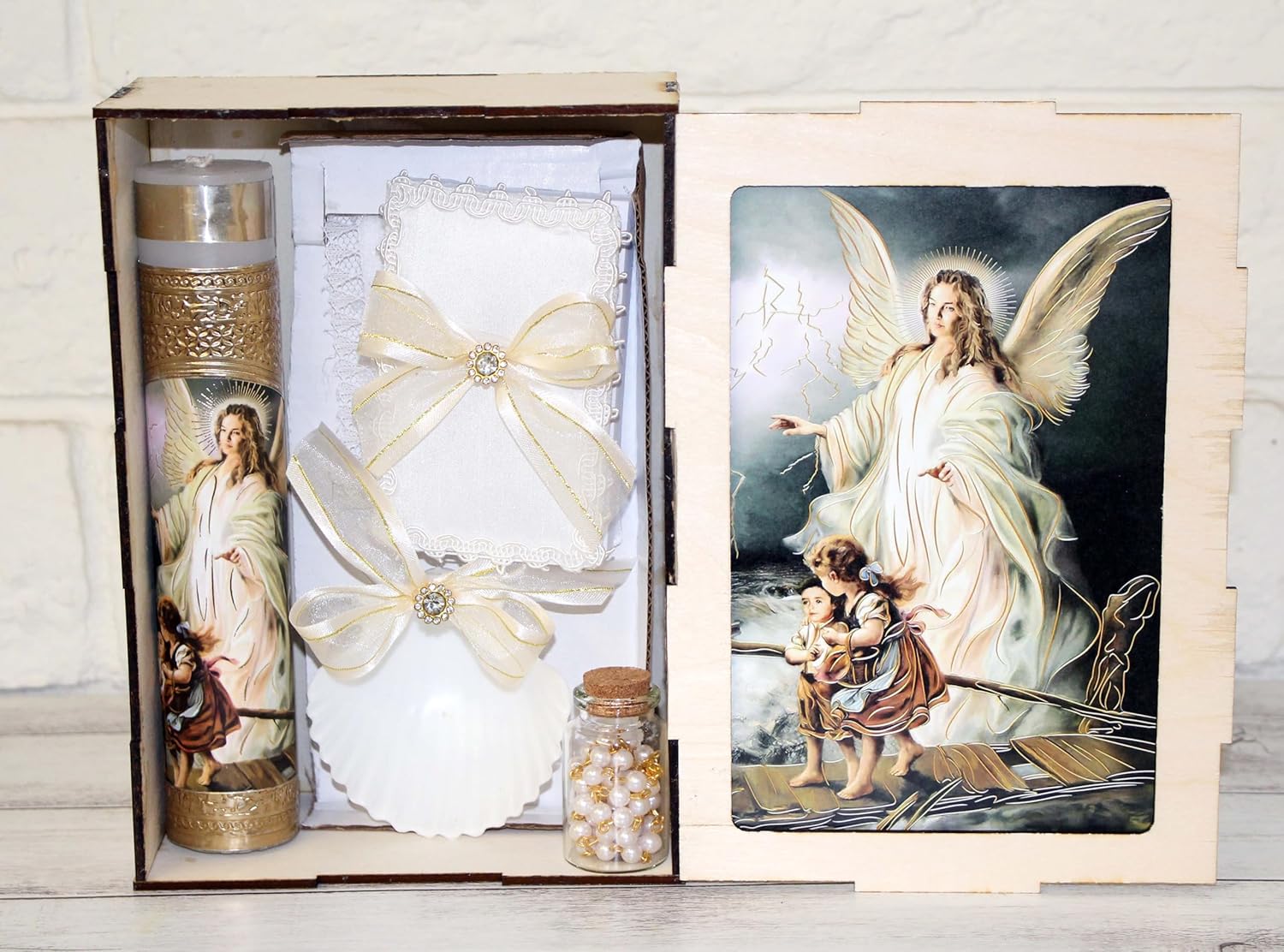 5pc Wood Box Guardian Angel Watching Over Baptism Set Mi Primera Comunion First Holy Communion Mi Bautizo Gold Candle RECUERDOS VIRGENCITA