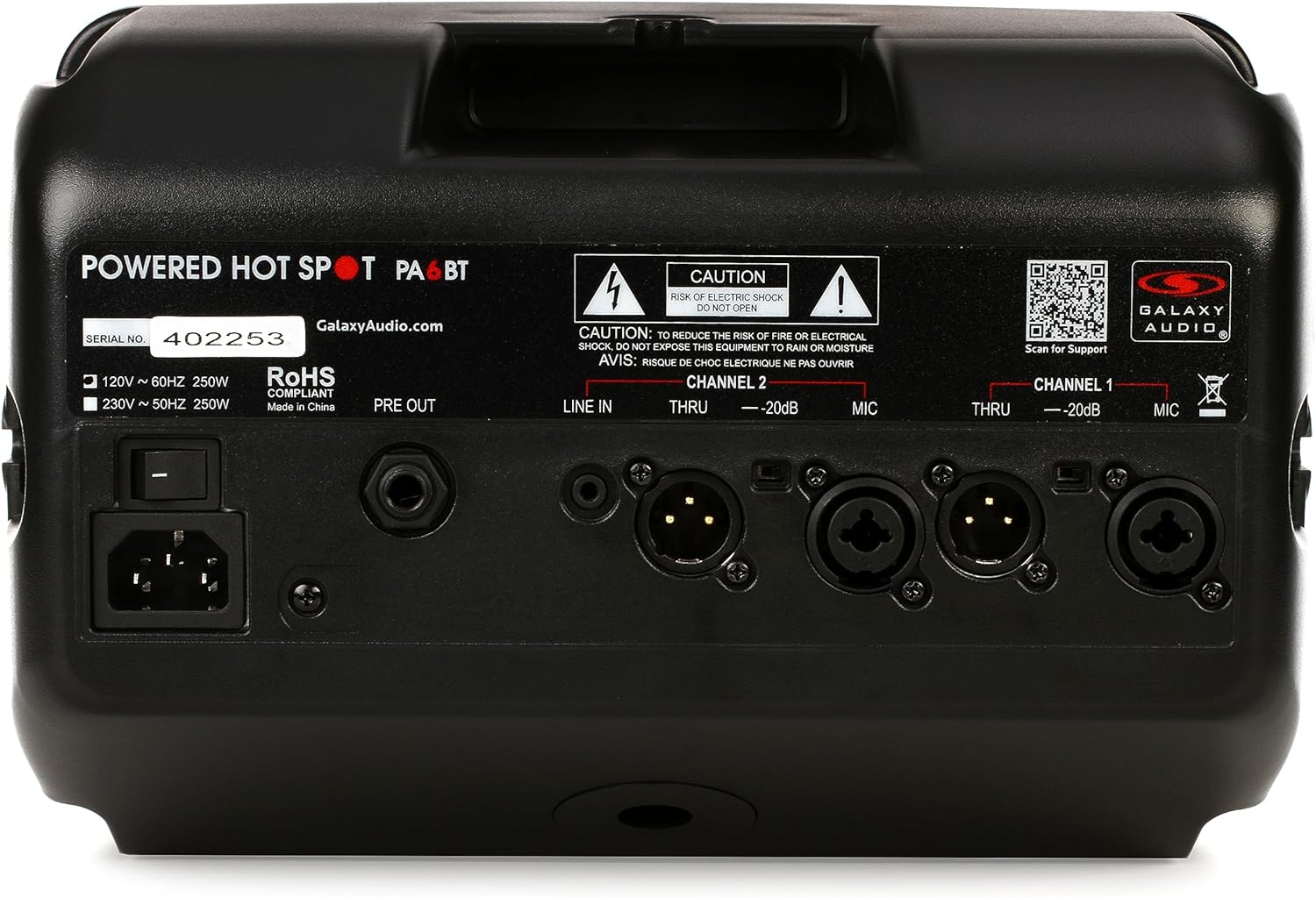 Bag view of the Galaxy Audio PA6BT monitor with connections