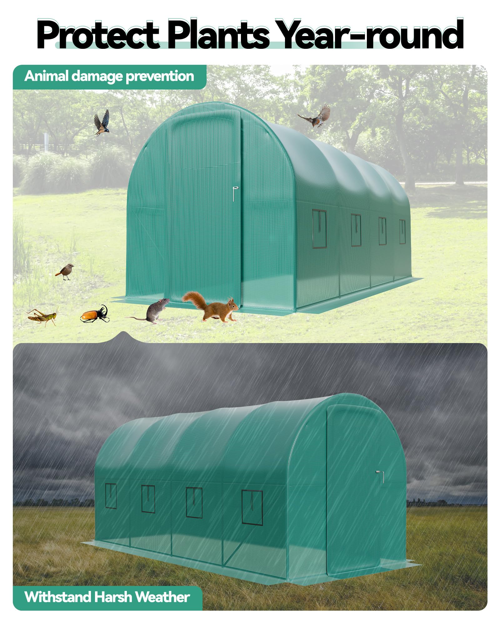 Serra tunnel da esterno 15x7x7 ft in acciaio zincato rinforzato - Copertura PE robusta - 8 finestre ventilate - Porta a battente - Perfetta per orto e verdure tutto l'anno - Cancello in ferro