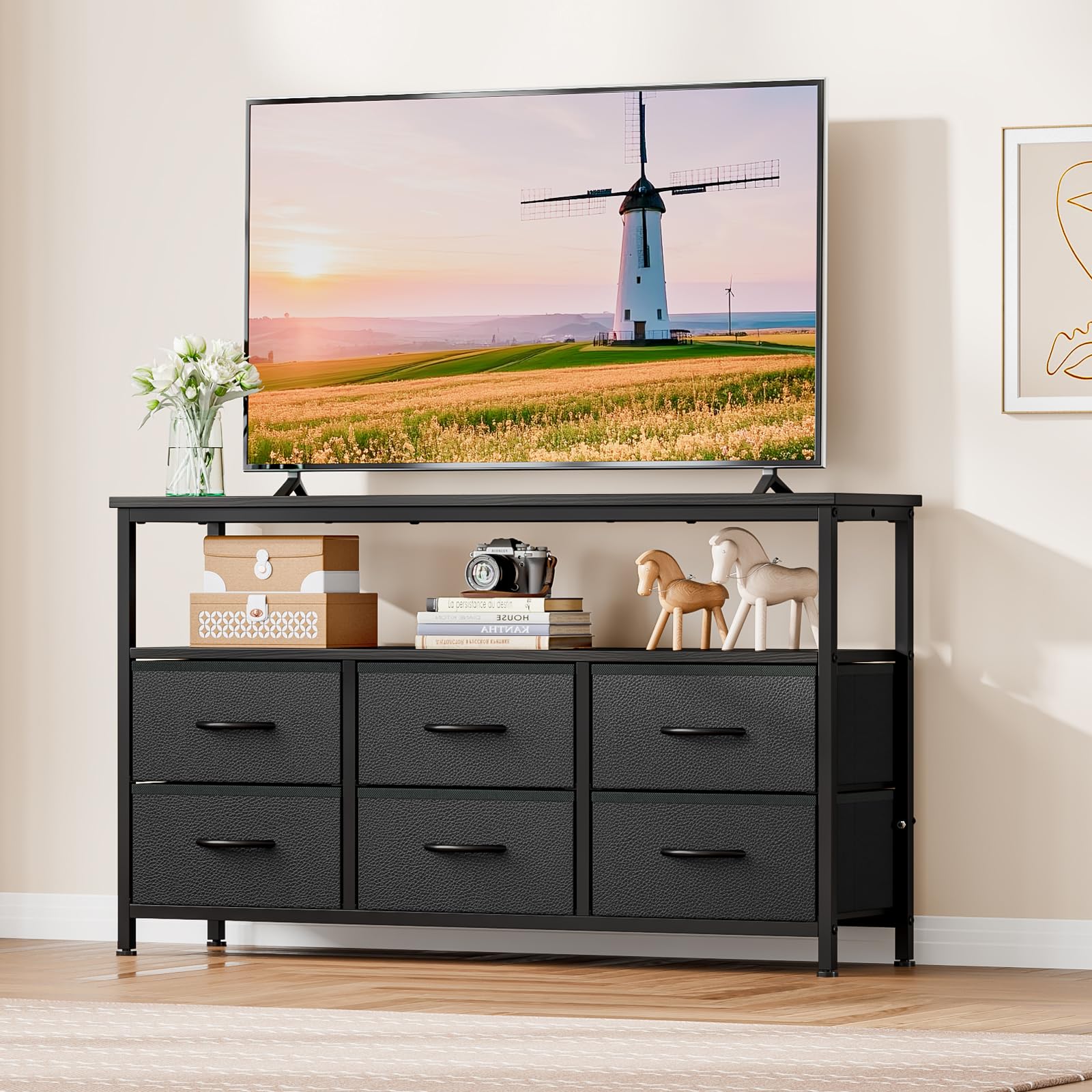 Mueble TV con 6 Cajones y Estantes Abiertos | Para TV de hasta 55", Negro, 120 × 30 × 68 cm, Ideal para Salón o Dormitorio
