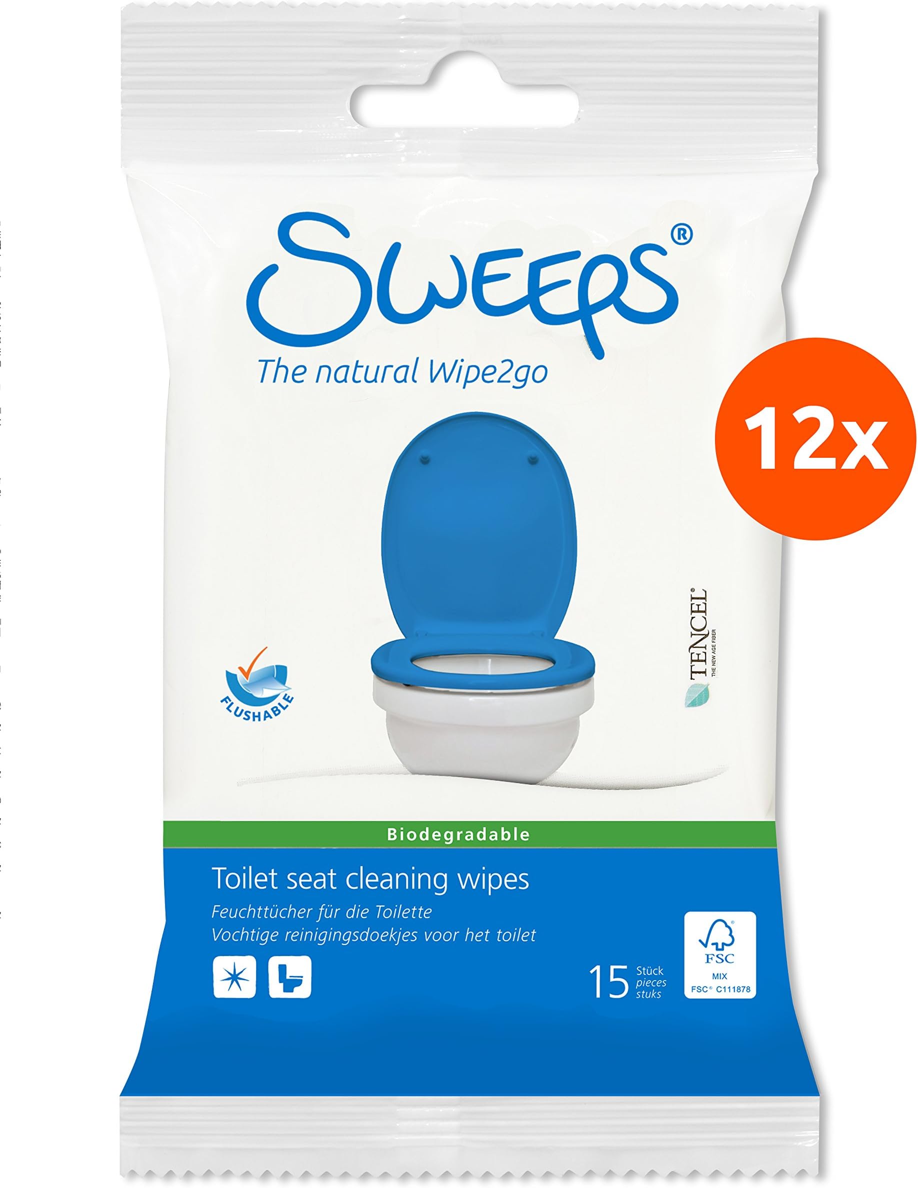 Sweeps Flushable Toilet seat cleaning wipes - 12 x 15 (180 wipes)