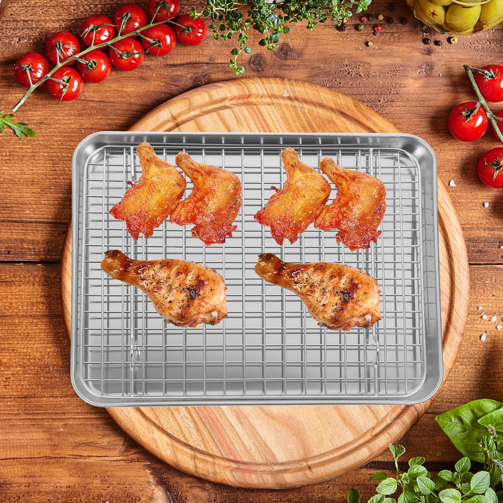 Lurrose Set 1 Teglia da Forno in Acciaio Inossidabile con Rete per Cottura e Raffreddamento, Dimensioni 31,5x24,5x2,5cm, per Forni Domestici e Barbecue