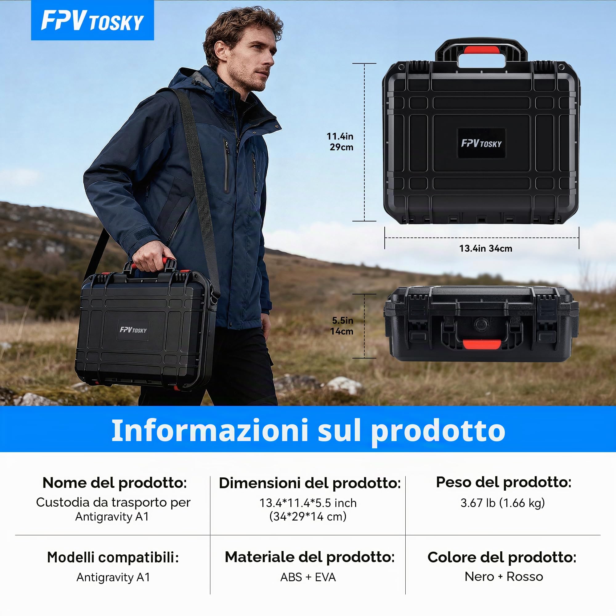 FPVtosky Custodia rigida per antigravity A1, custodia protettiva impermeabile, accessori per droni, batterie e attrezzatura RC [solo custodia]