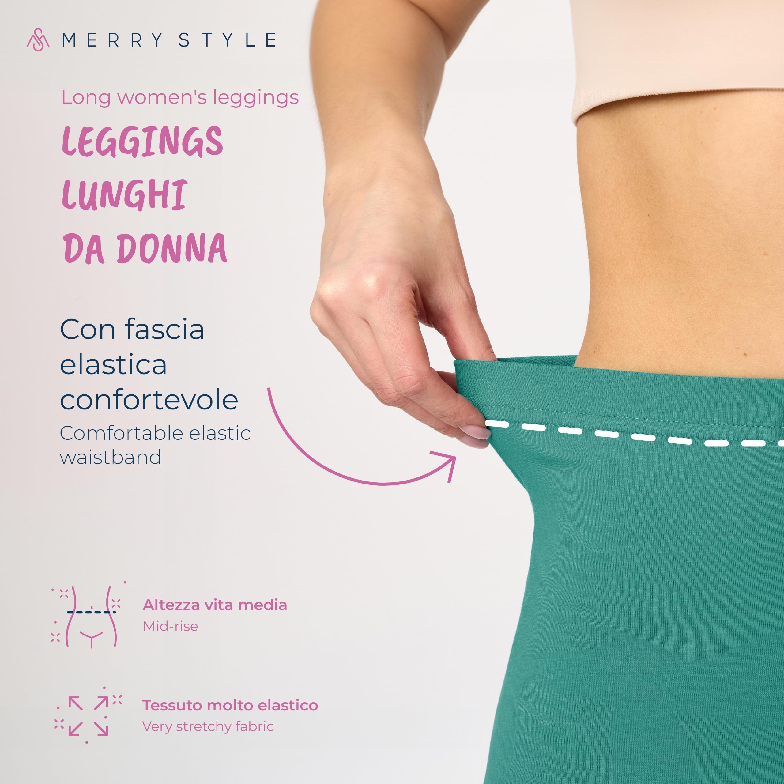 Merry Style Lunghi Leggings Fuseaux Sportivi da Donna Pratico Modello a Vita Alta in Cotone Naturale MS10-198