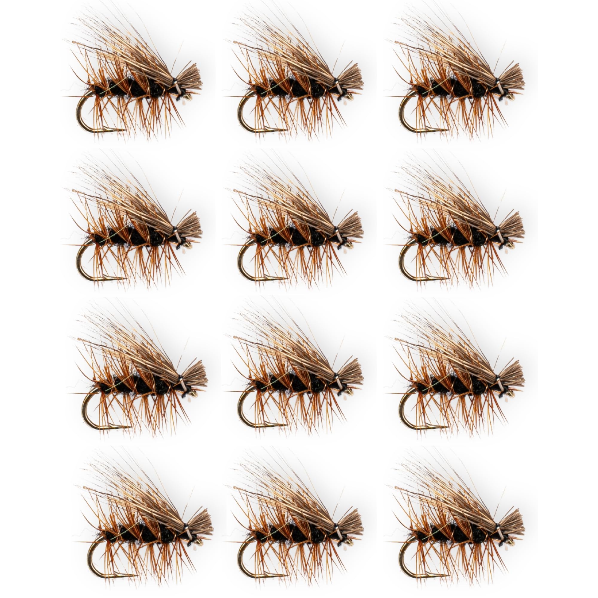 Elk Hair Caddis Dry Fly Assortment 12-Pack | Hand-Tied Trout Flies Sizes 14 16 18 in Black Brown Tan Olive | Premium Floating Fly Fishing Flies for Rivers Streams and Lakes