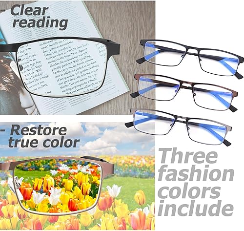 Miniatura 4 de Paquete de 3 anteojos de lectura con bloqueo de luz azul, elegantes lectores de computadora de marco completo de metal, filtro de rayos UV para