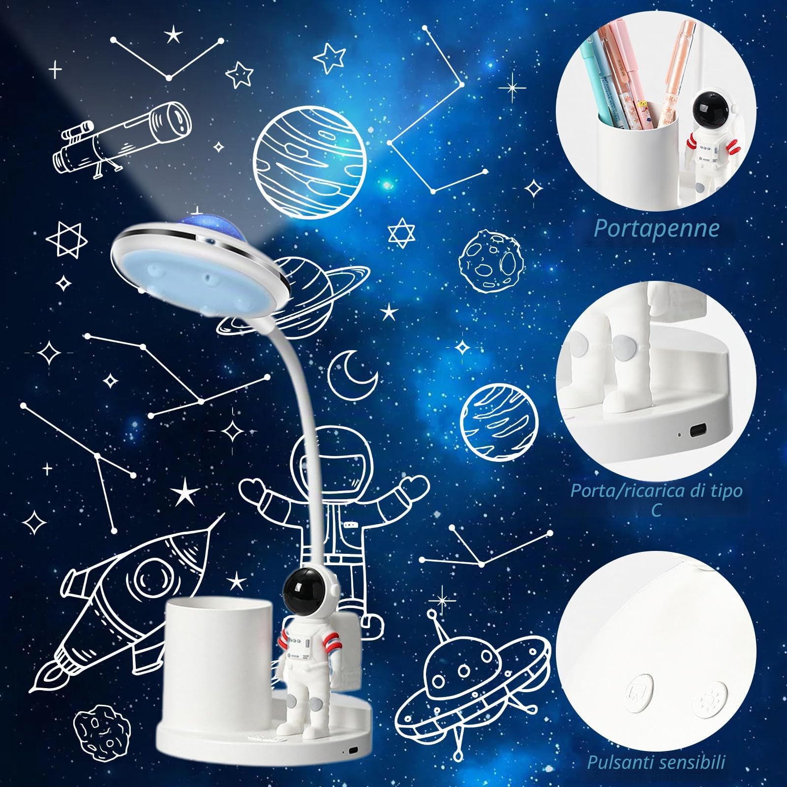 lampada da scrivania e comodino per bambini, astronauta, con portapenne e proiezione, livello di luminosità dimmerabile, ricaricabile, protezione